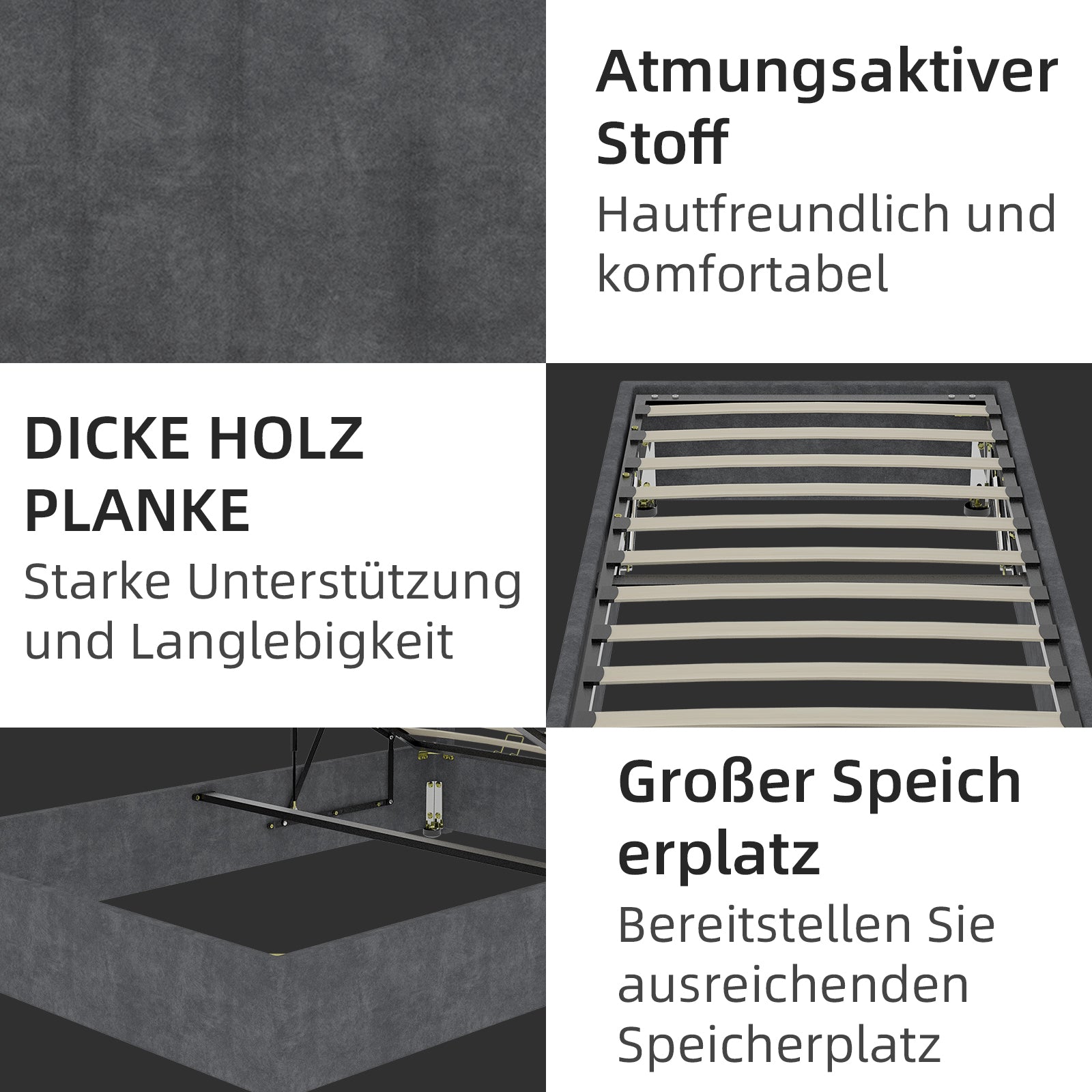 Modernes Bettgestell in schlichtem Stil 90 x 200 cm Gasdruckfeder Stauraum Holländischer Samt Grau