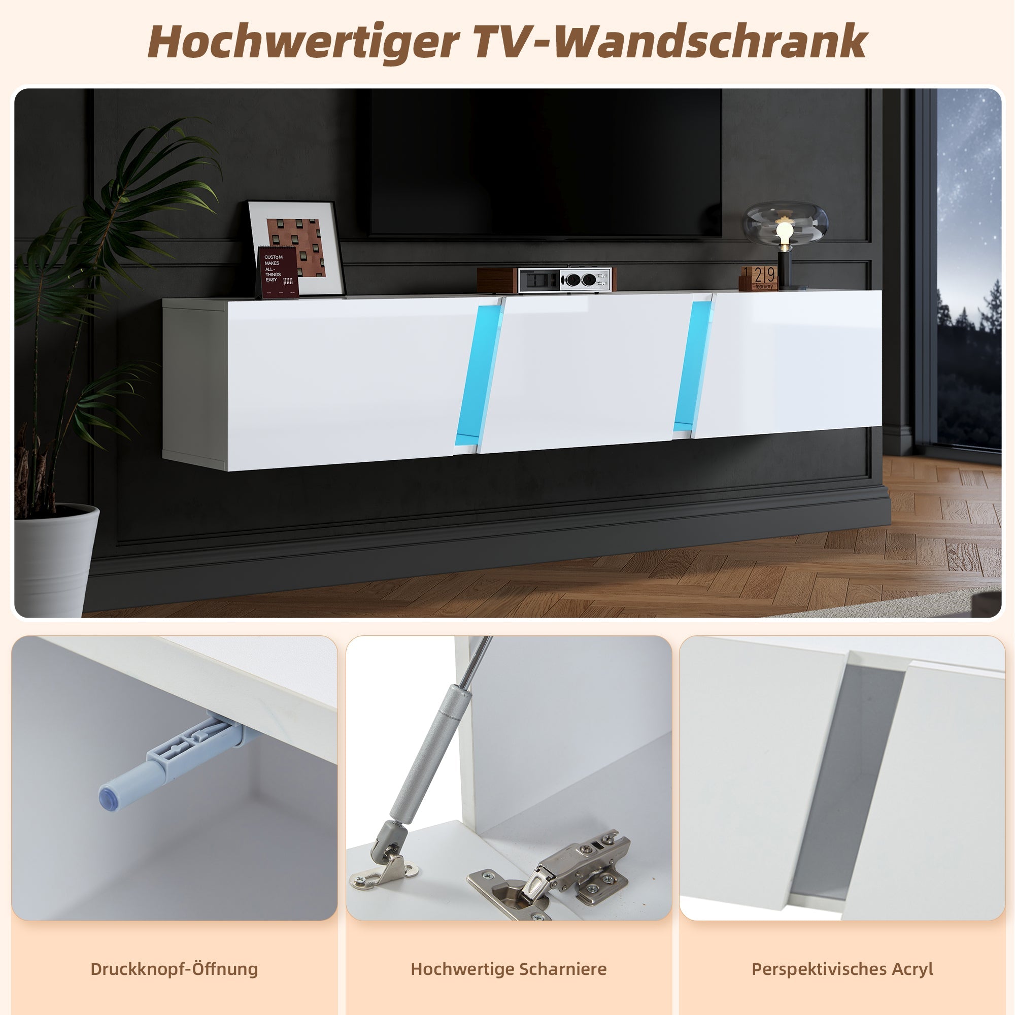 TV Cabinet 180cm Wall-Mounted Lowboard with LED Lights, 3 Doors, White