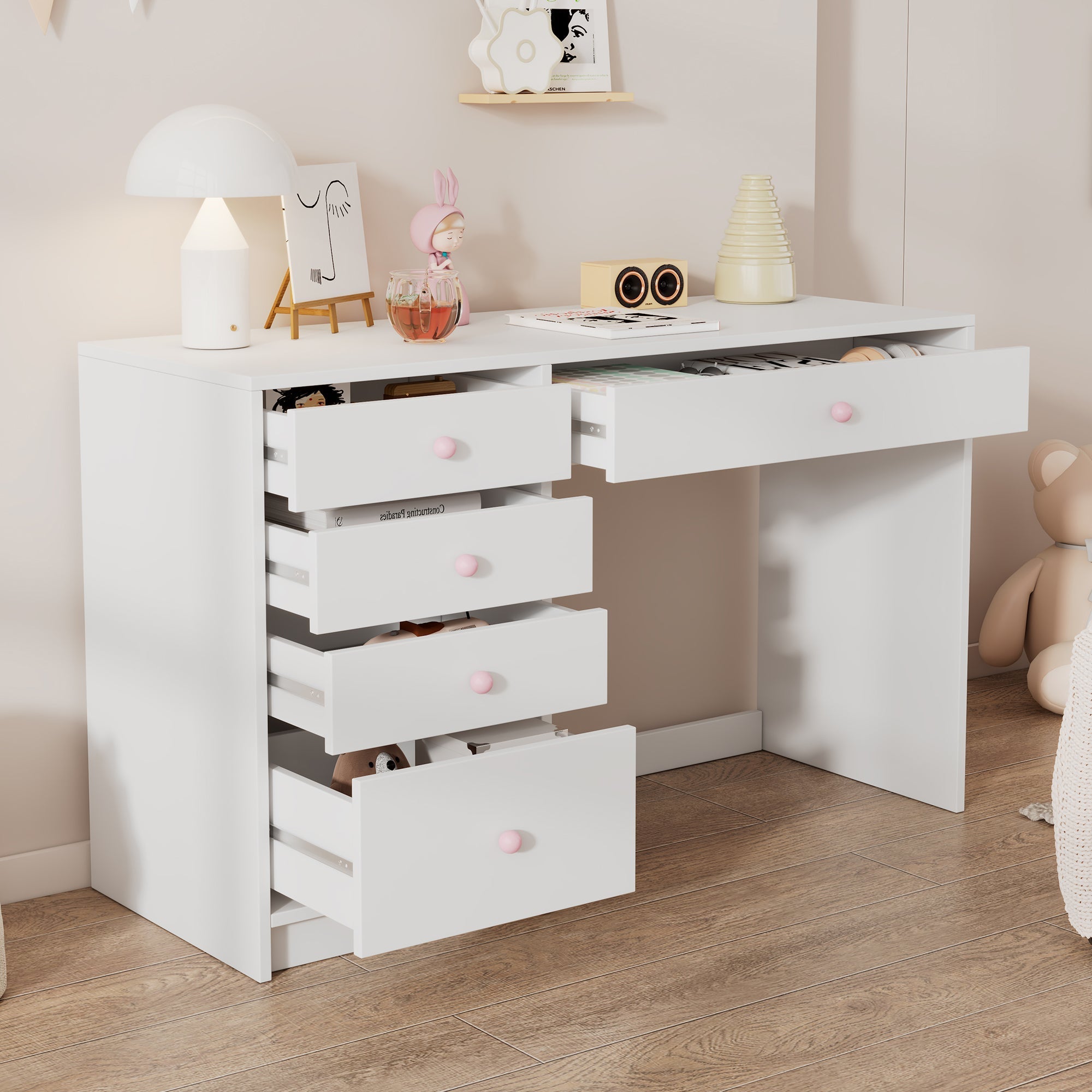 Desk Children's/Computer Dressing Table 5 Drawers Pink Ceramic Handles, White