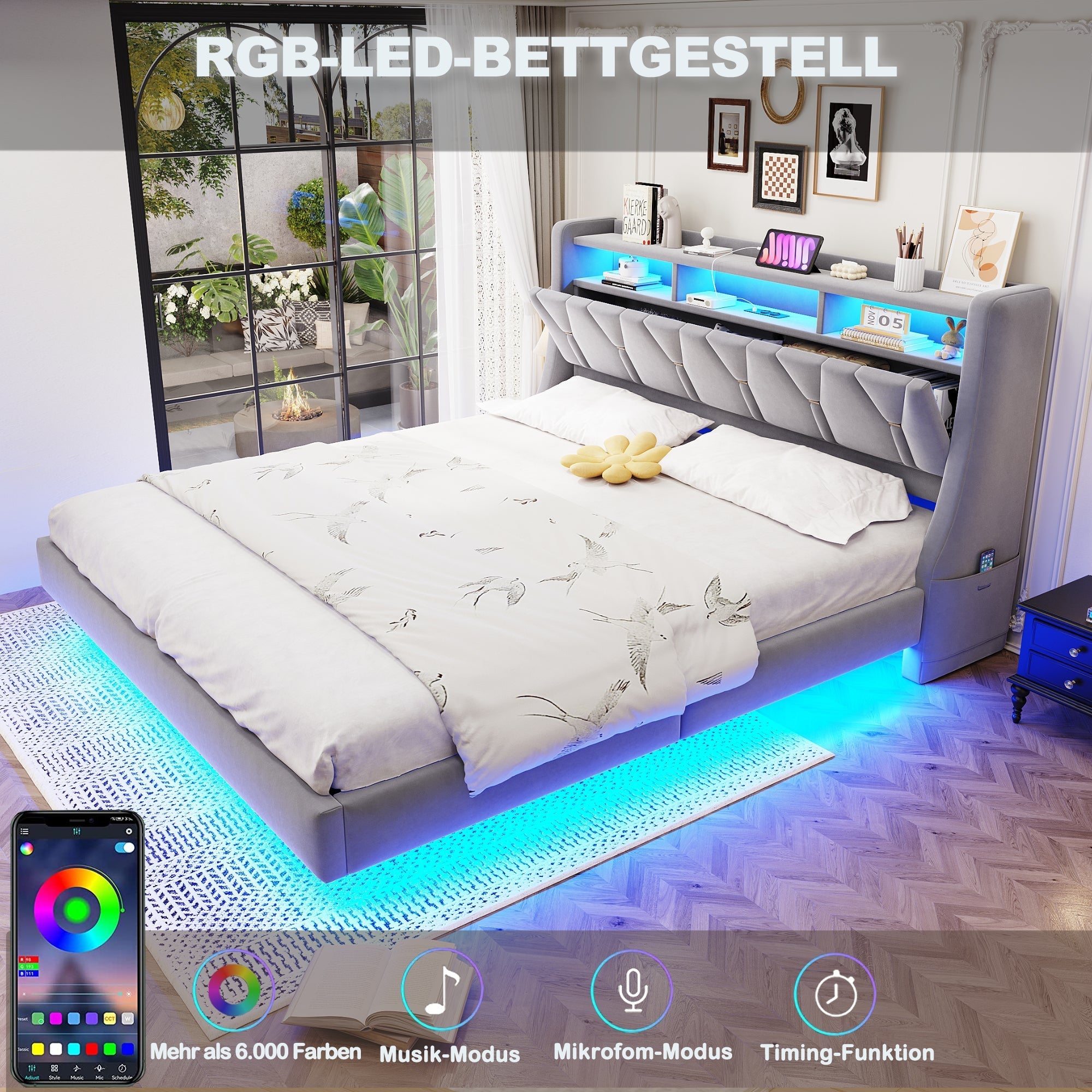 Upholstered Bed 180x200cm Hydraulic Storage Headboard with LED Socket Floating Design Light Grey Velvet