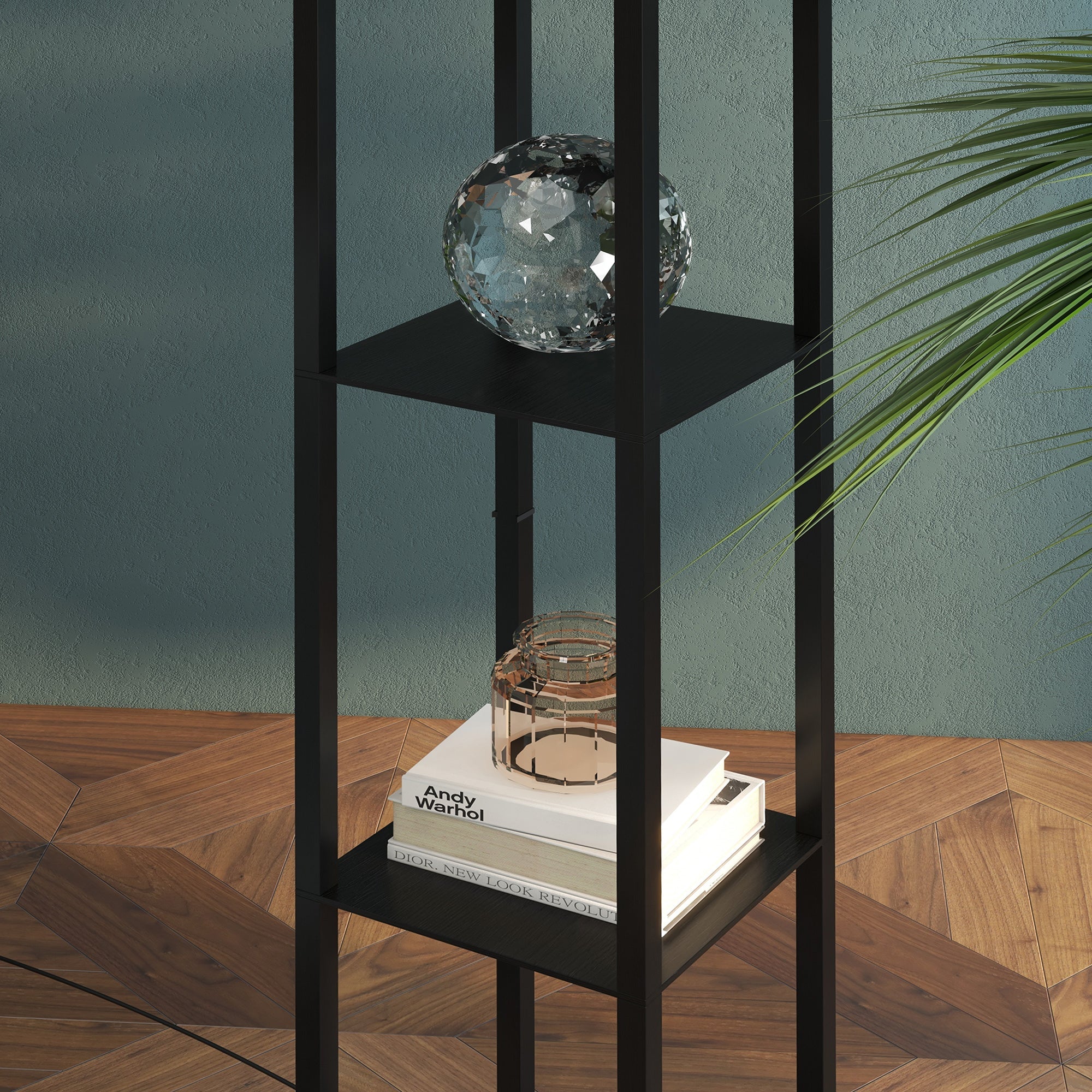 Floor Lamp with Shelves, E27 40W, Wood in Black