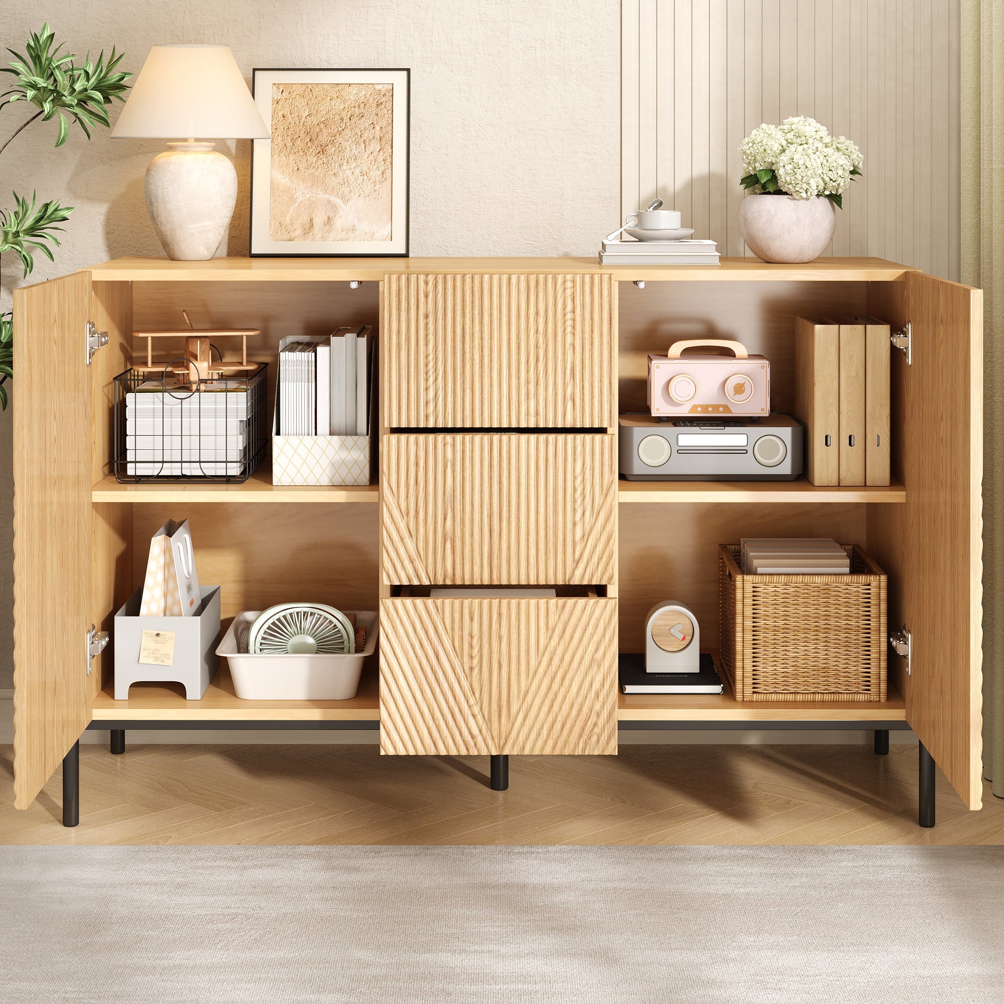 Modern Sideboard with Geometric Structure, Double Doors and Middle Drawer, Living/Dining Room Storage Cabinet
