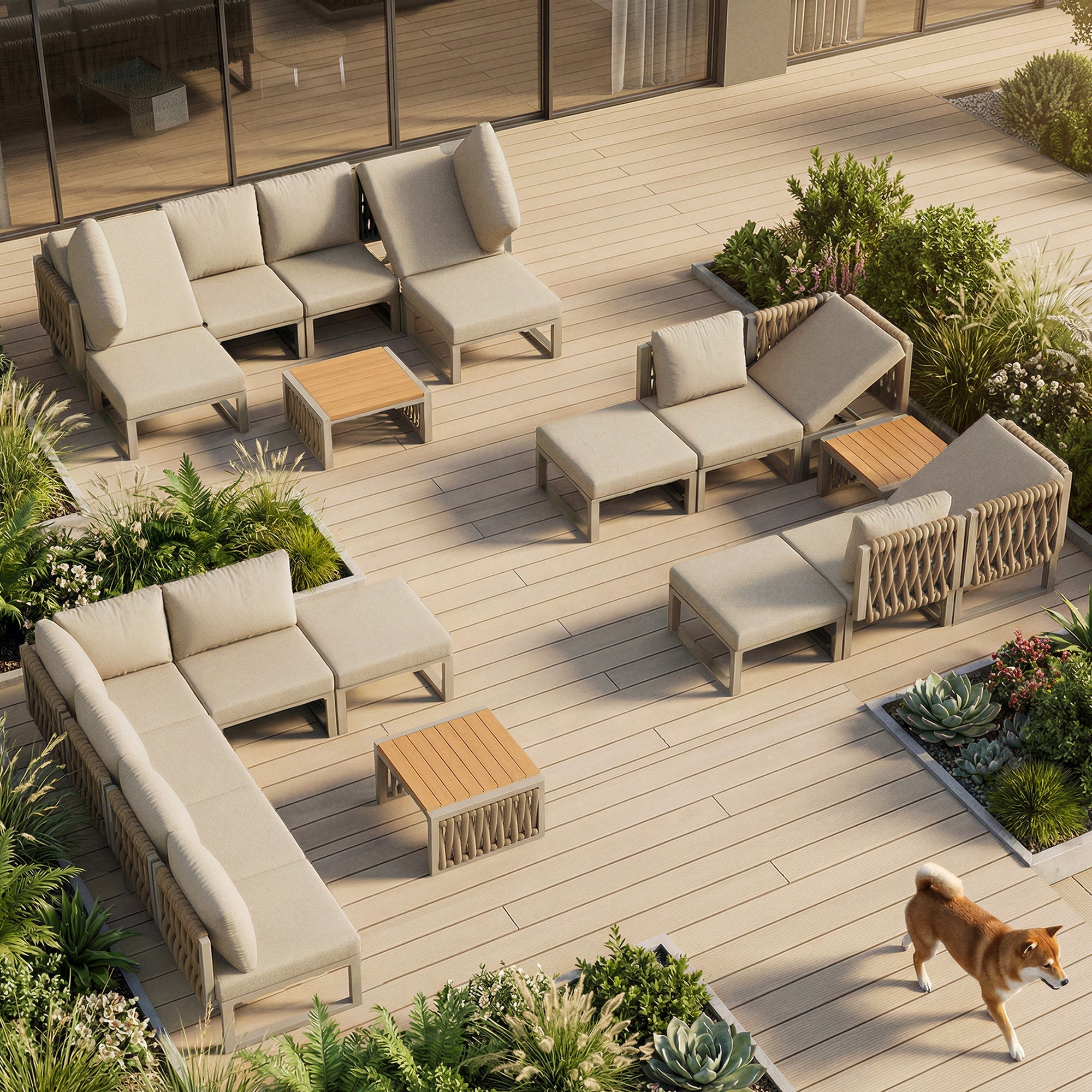 Garden Furniture Set 6 Person Double Lounger Adjustable Backrest Cushions - Beige