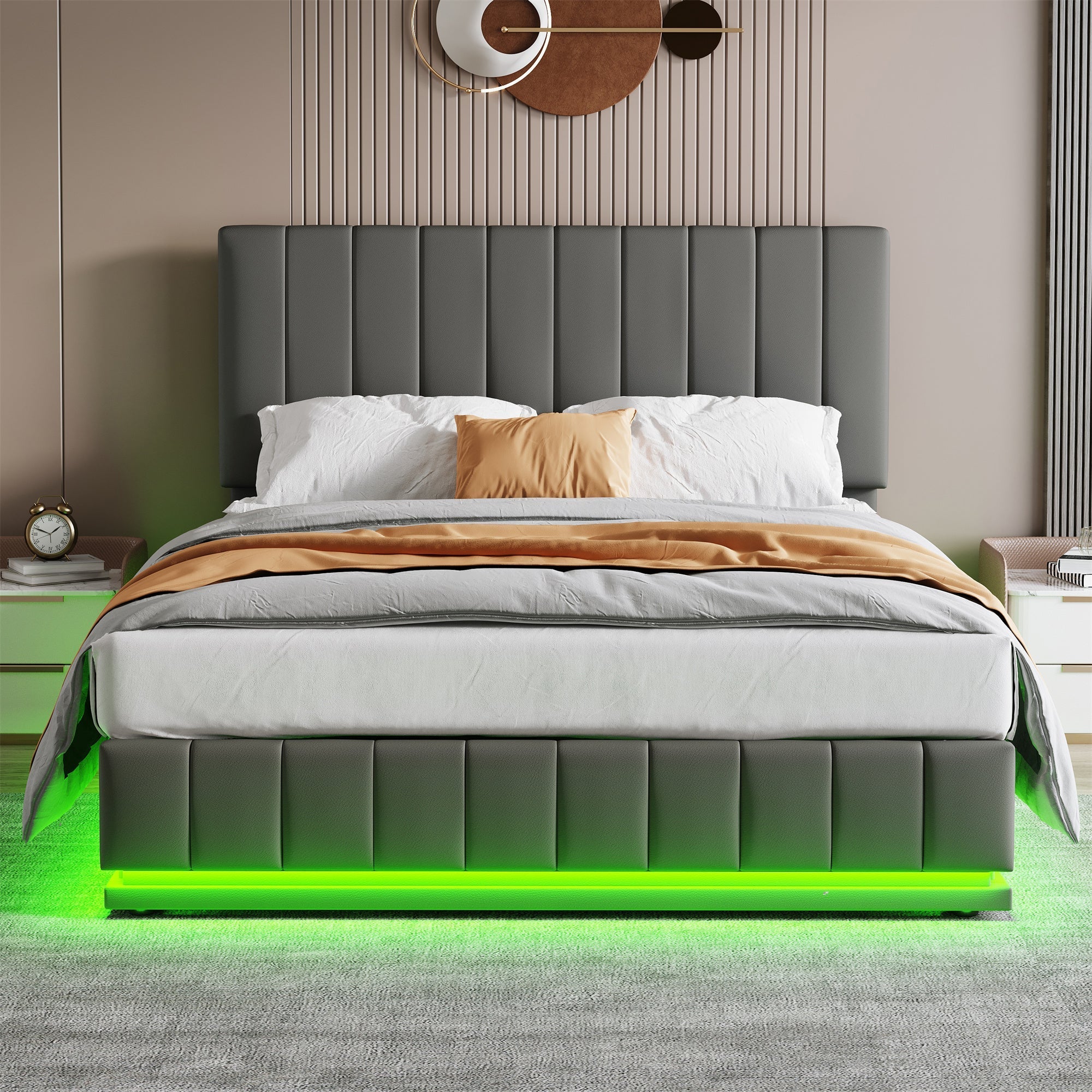 Ottoman King Bed with LED Lighting, Hydraulic Storage, and Adjustable Channel Tufted Headboard, Grey PU Leather