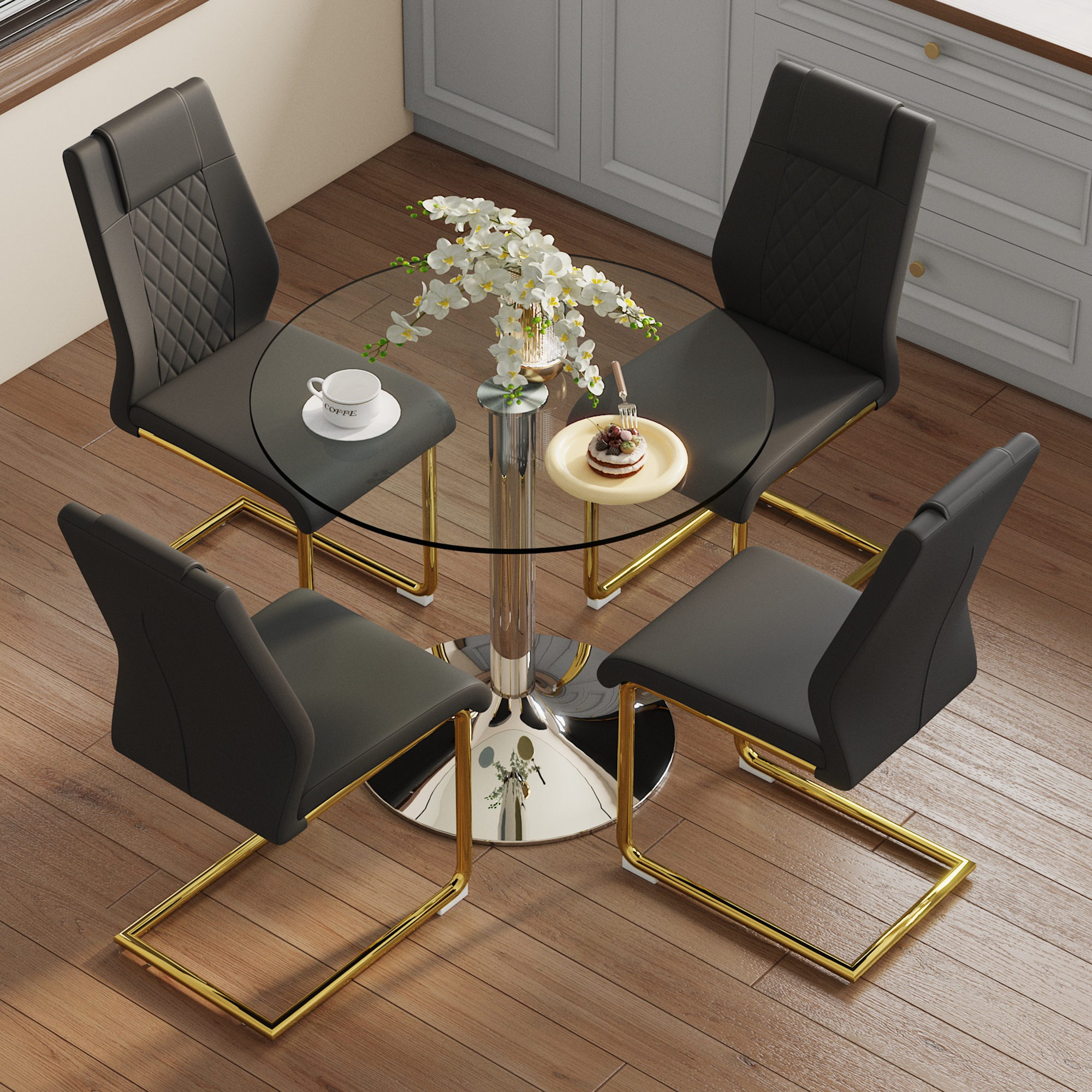 Dining Table Set Minimalist Glass 85cm 4 Chairs Gold Legs - Black PU