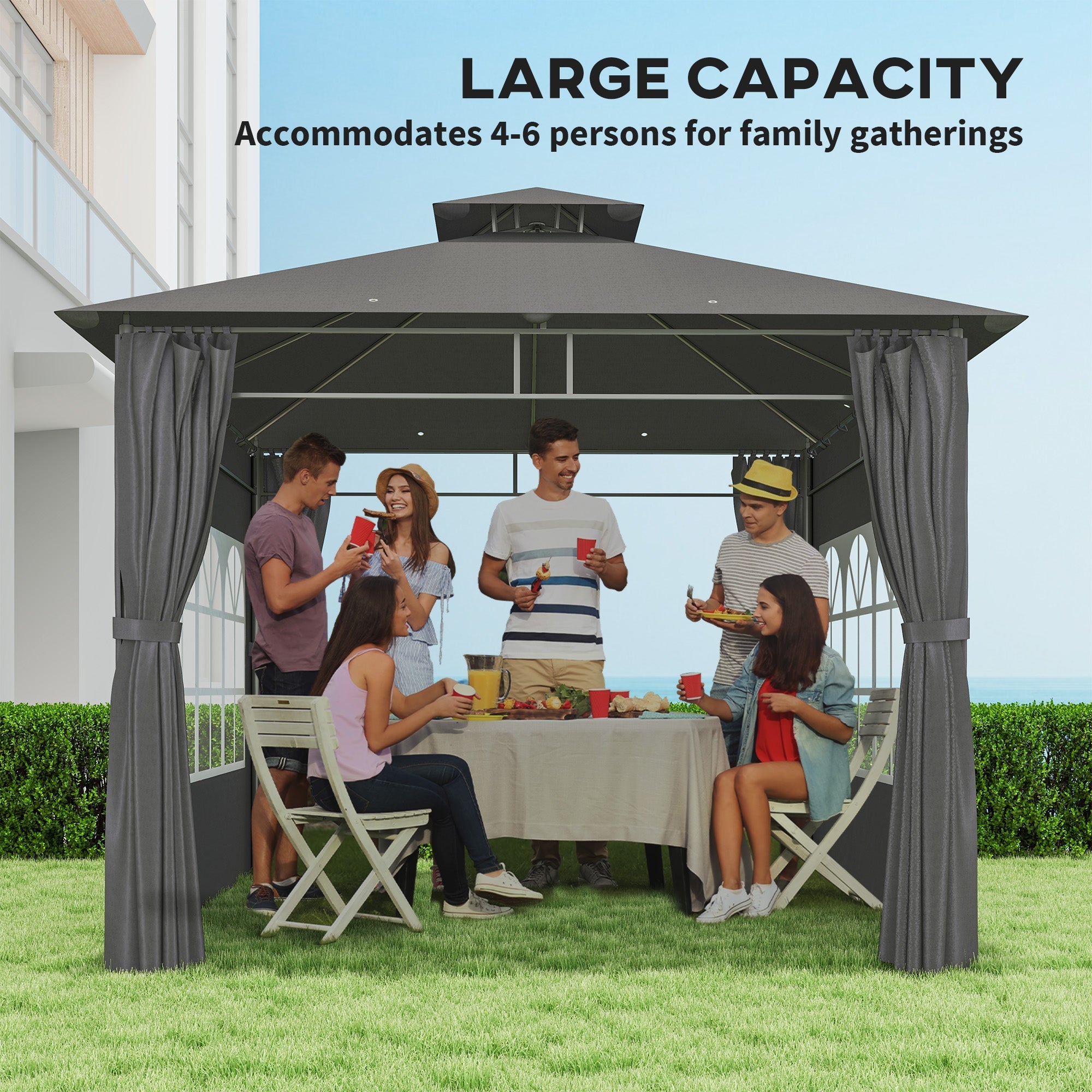 3 x 3 m Gartenpavillon, Doppelter Dachbezug mit abnehmbaren Seitenteilen und Kirchenfenstern, Dunkelgrau