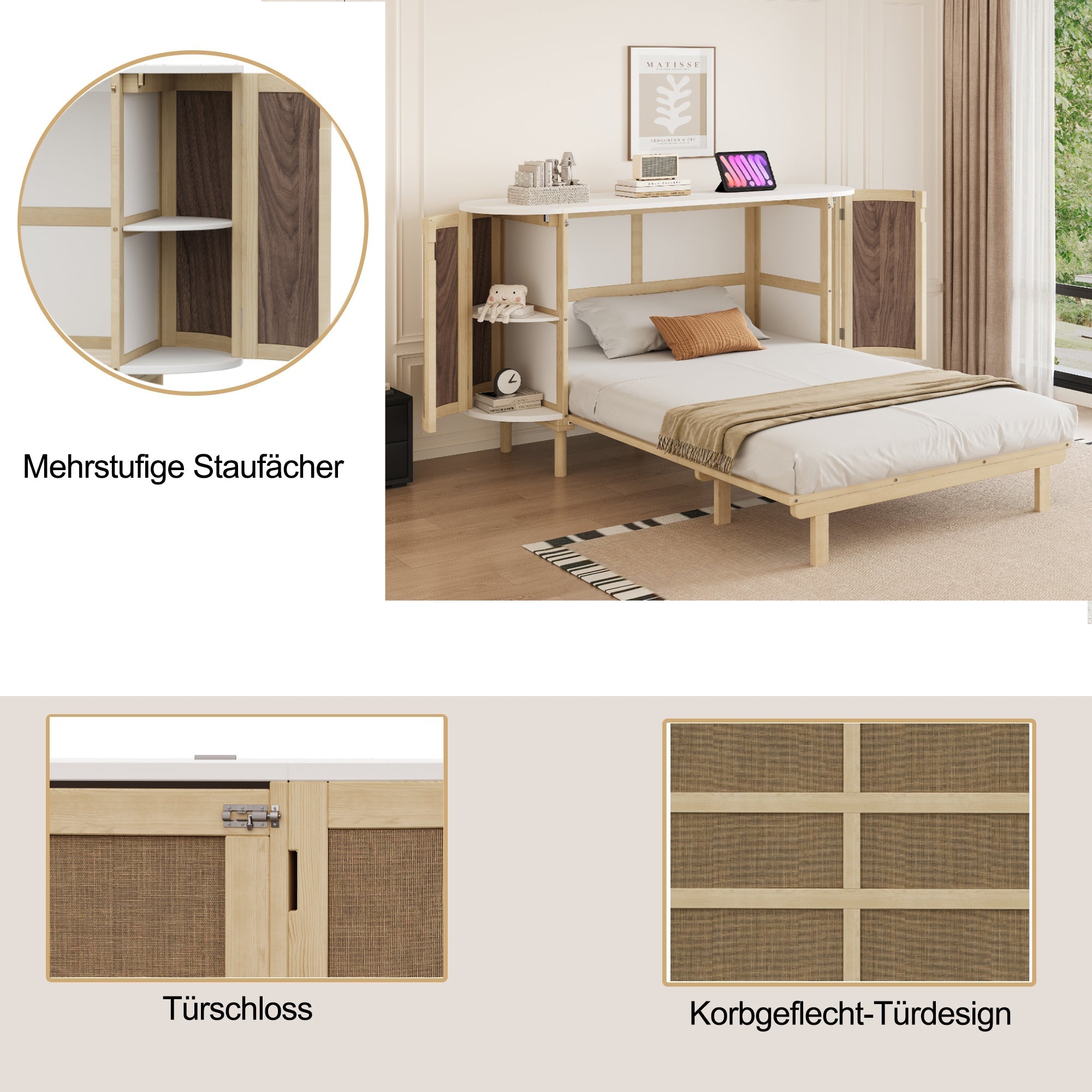 Wall Bed 140x200cm Vertical Folding Rattan Design Storage - Wood Color