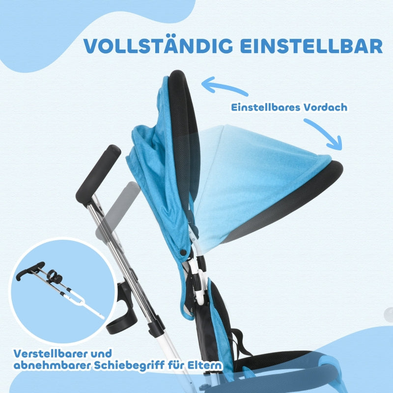 6-in-1 Tricycle with Push Bar, Sun Canopy, Safety Harness, Basket, Cup Holder, Blue