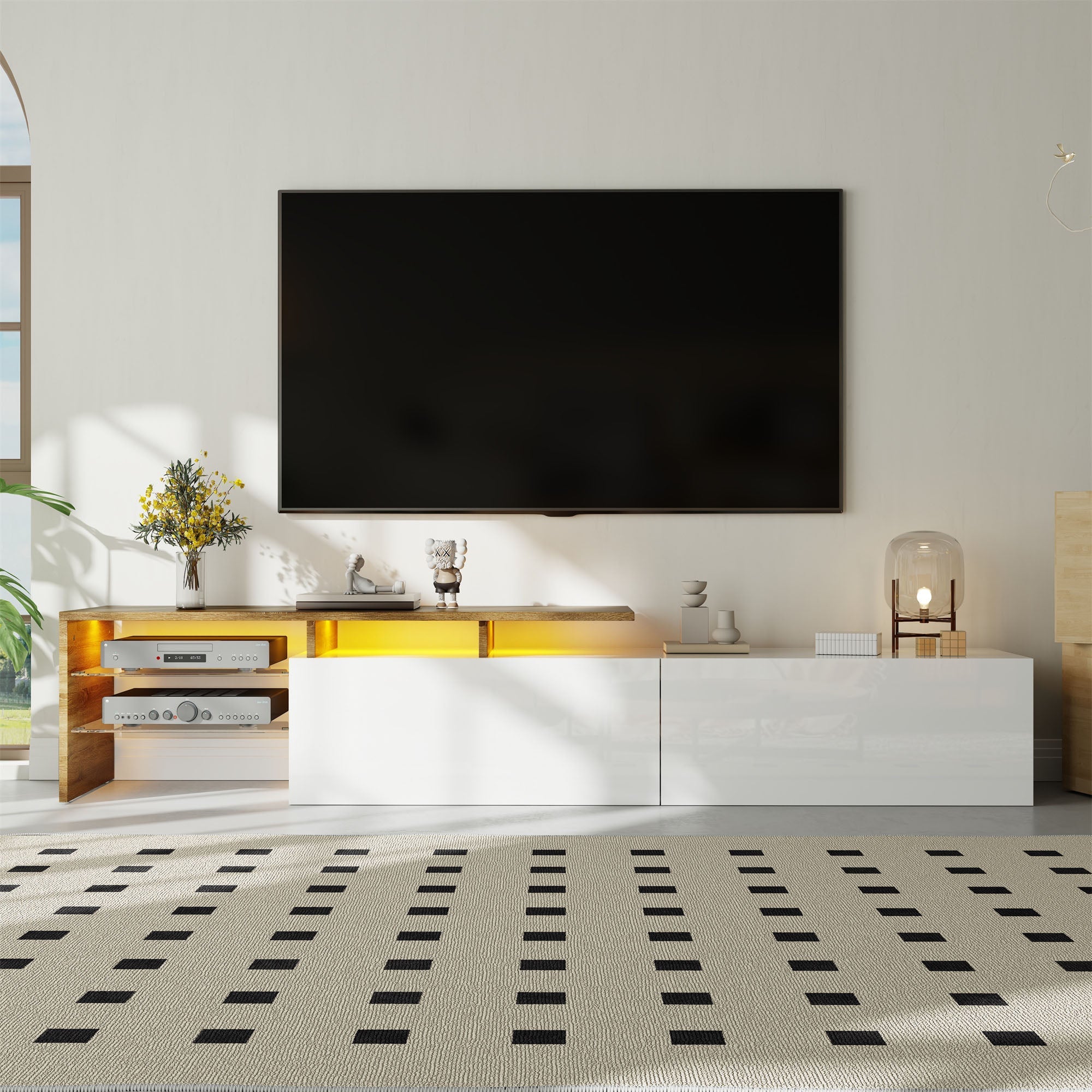 Modern TV Cabinet: Stylish, Elegant, Practical Storage, Glass Shelves, LED Lighting, High-Gloss White and Wood Look