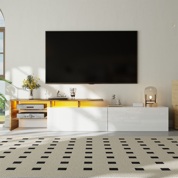Modern TV Cabinet: Stylish, Elegant, Practical Storage, Glass Shelves, LED Lighting, High-Gloss White and Wood Look