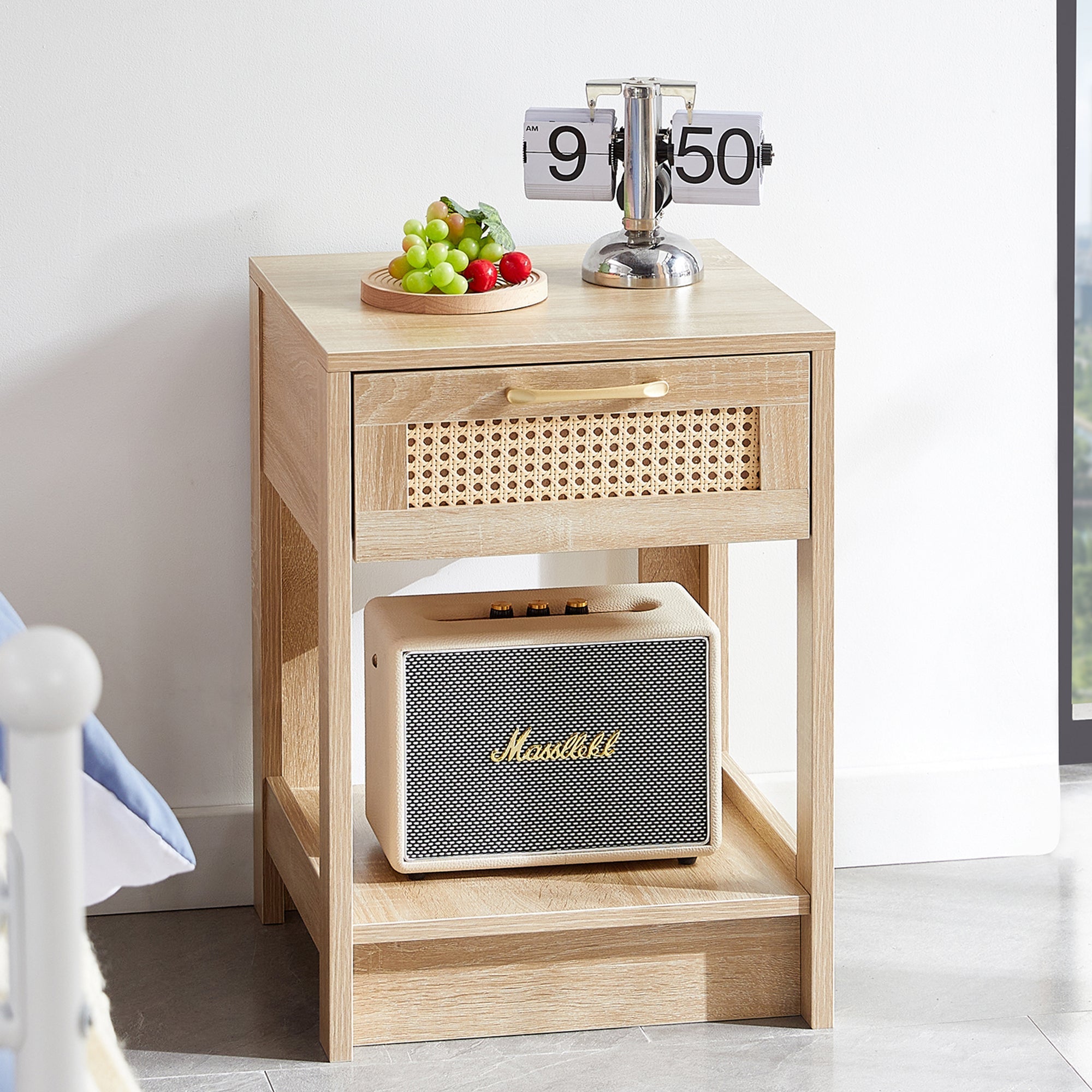 Rattan Side Table with Drawer H55xW40xD40cm Natural Wood Look