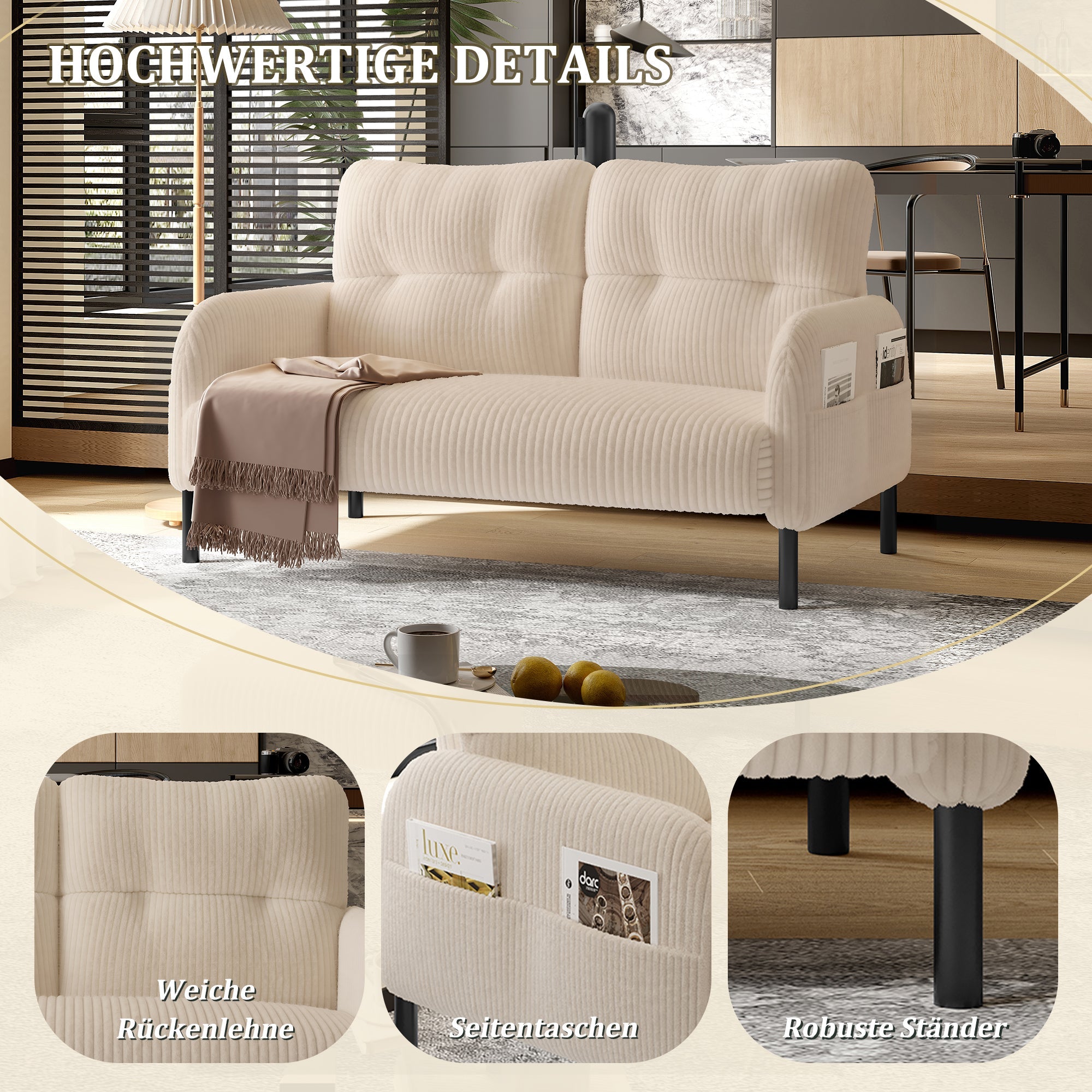 Corduroy Two-Seater Sofa, Comfort Padding High Back Side Pockets, Metal Feet