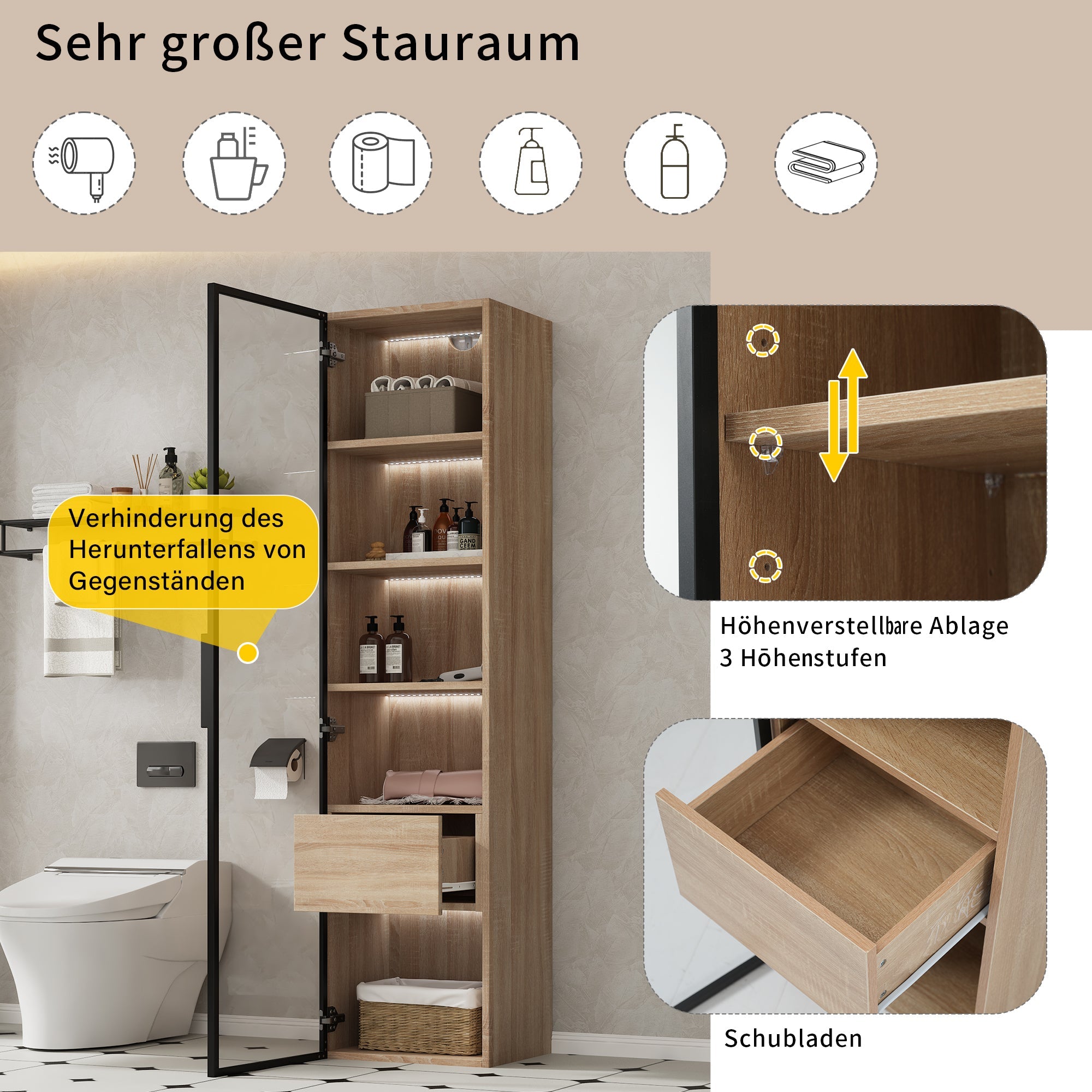 Bathroom Cabinet, Medium 40cm Light Strip 1 Drawer 1 Glass Door