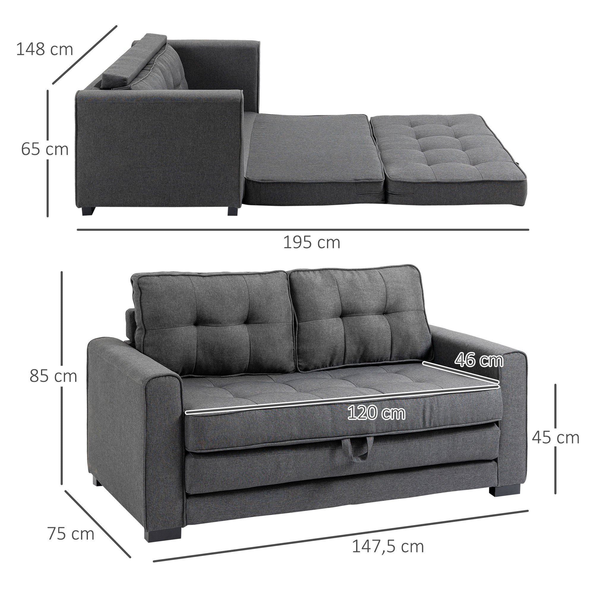 Sleeper Sofa Convertible 2-Seater with Sleeping Function, Linen Touch, Grey Rubberwood