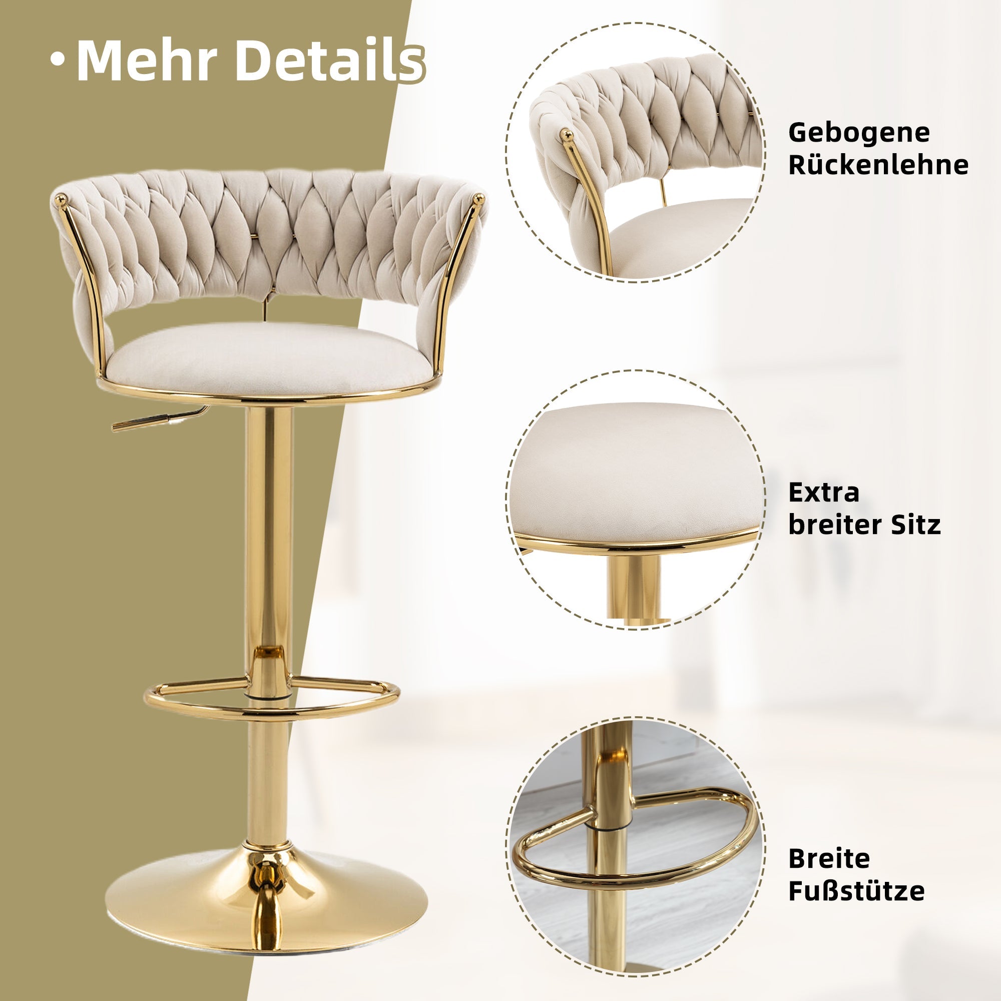 Velvet Swivel Bar Stool 2-Piece Set, Handcrafted Backrest, Adjustable Height, Upholstered