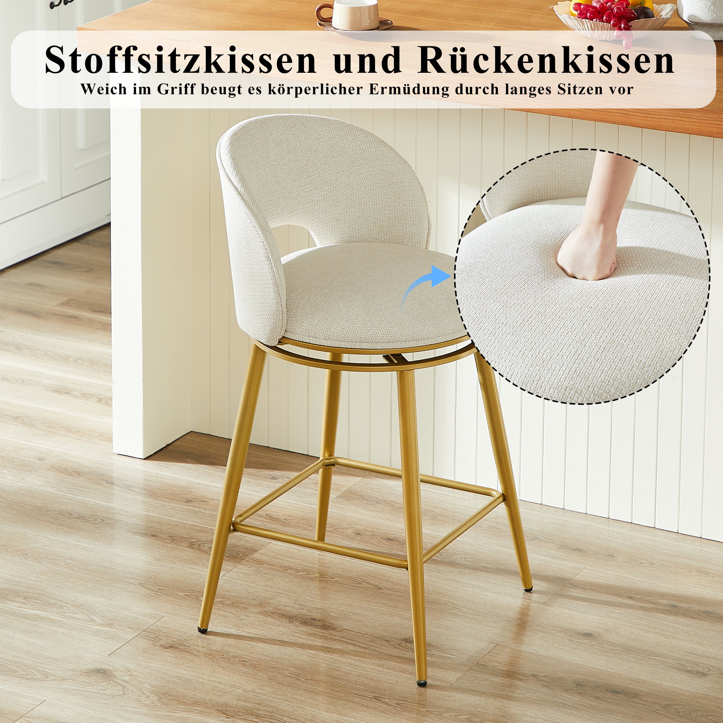 Chenille Swivel Bar Stools, Set of 2 with 360° Rotation and Cut-Out Backrest, Gold and White