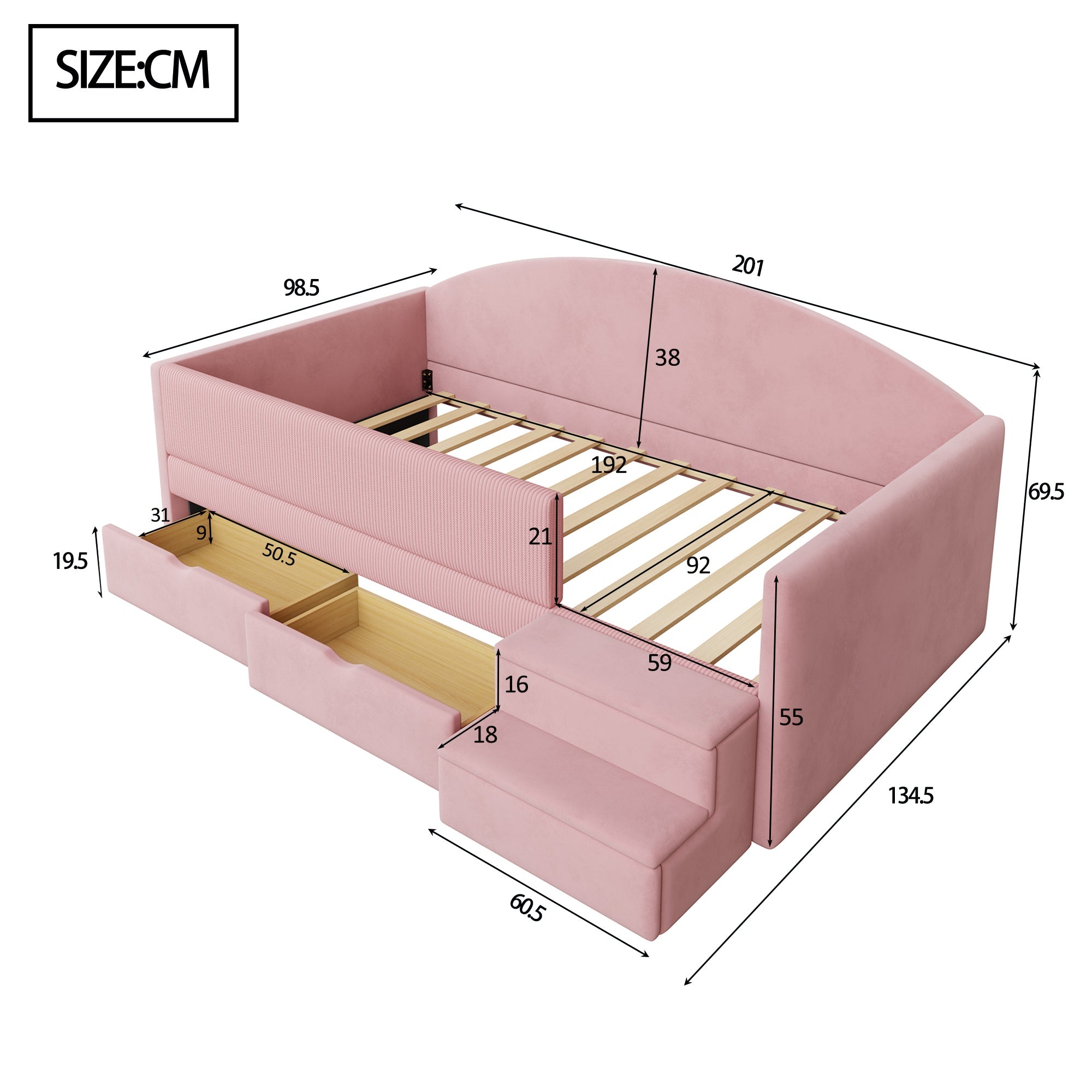 Upholstered Sofa Bed with Two Drawers, Railings and Steps, 90x190cm, Pink Velvet