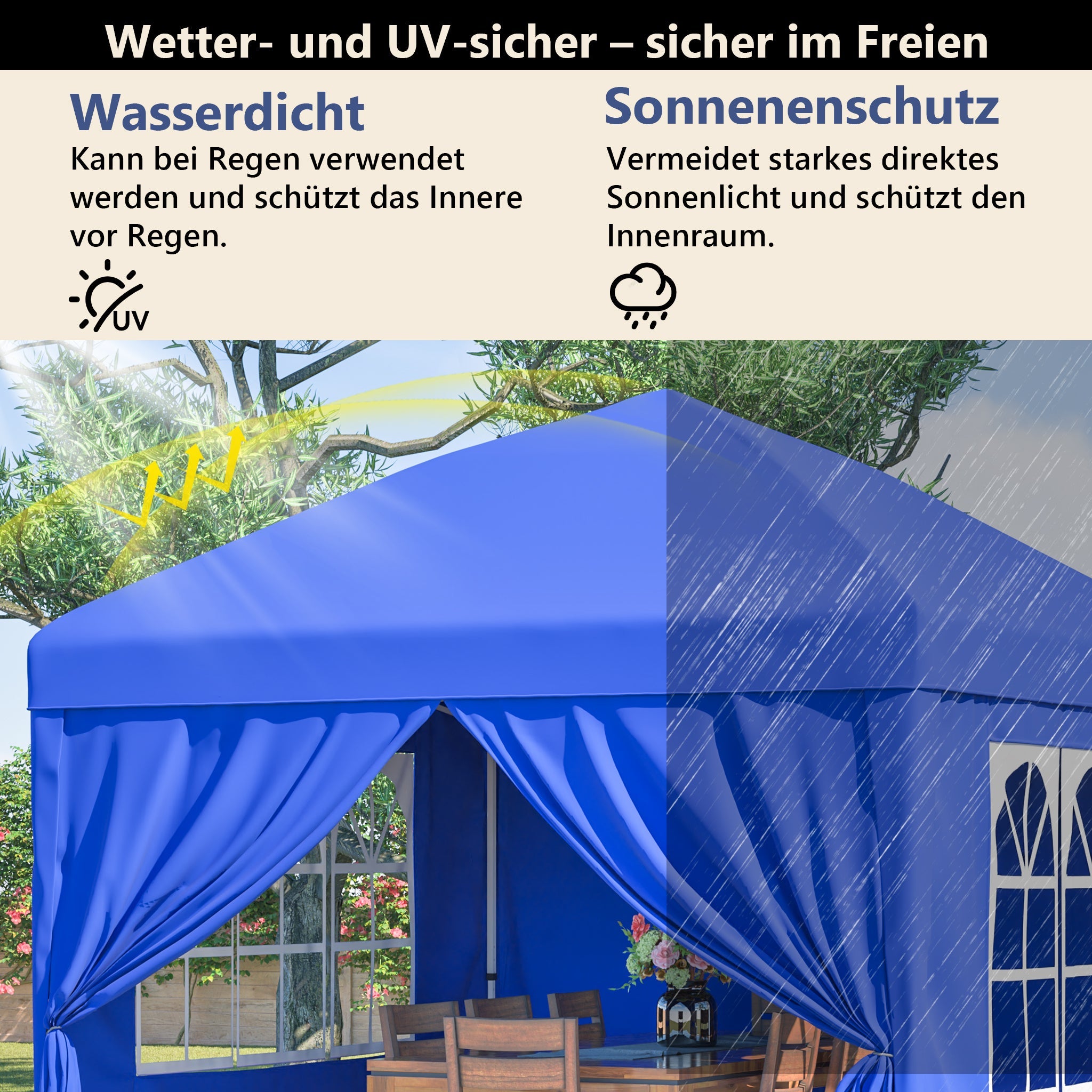 Gazebo 3x3m, 4 Side Walls, 3-Way Height Adjustable, Folding, Blue