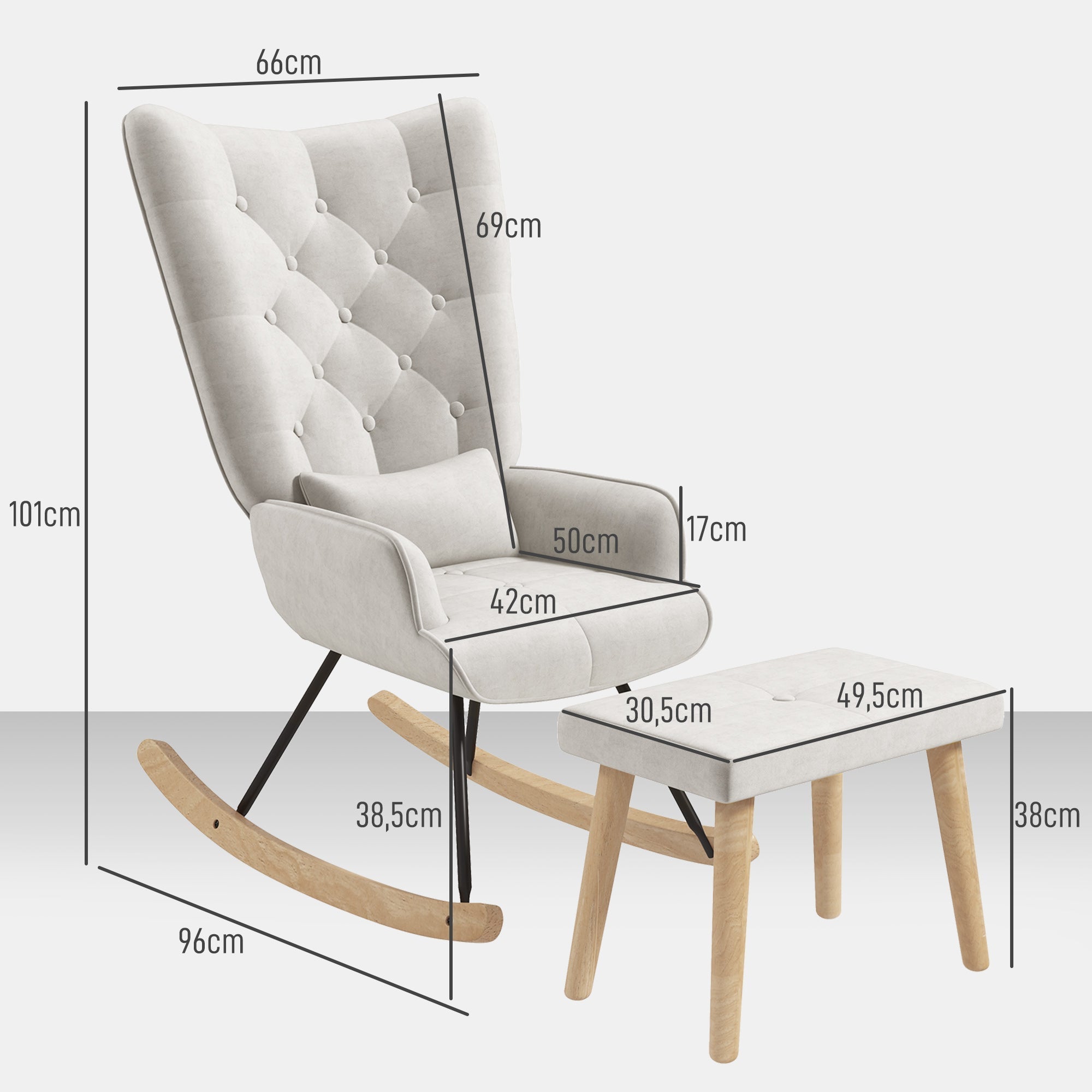 Rocking Chair with Stool, Cushion, Wingback, Cream White Velvet
