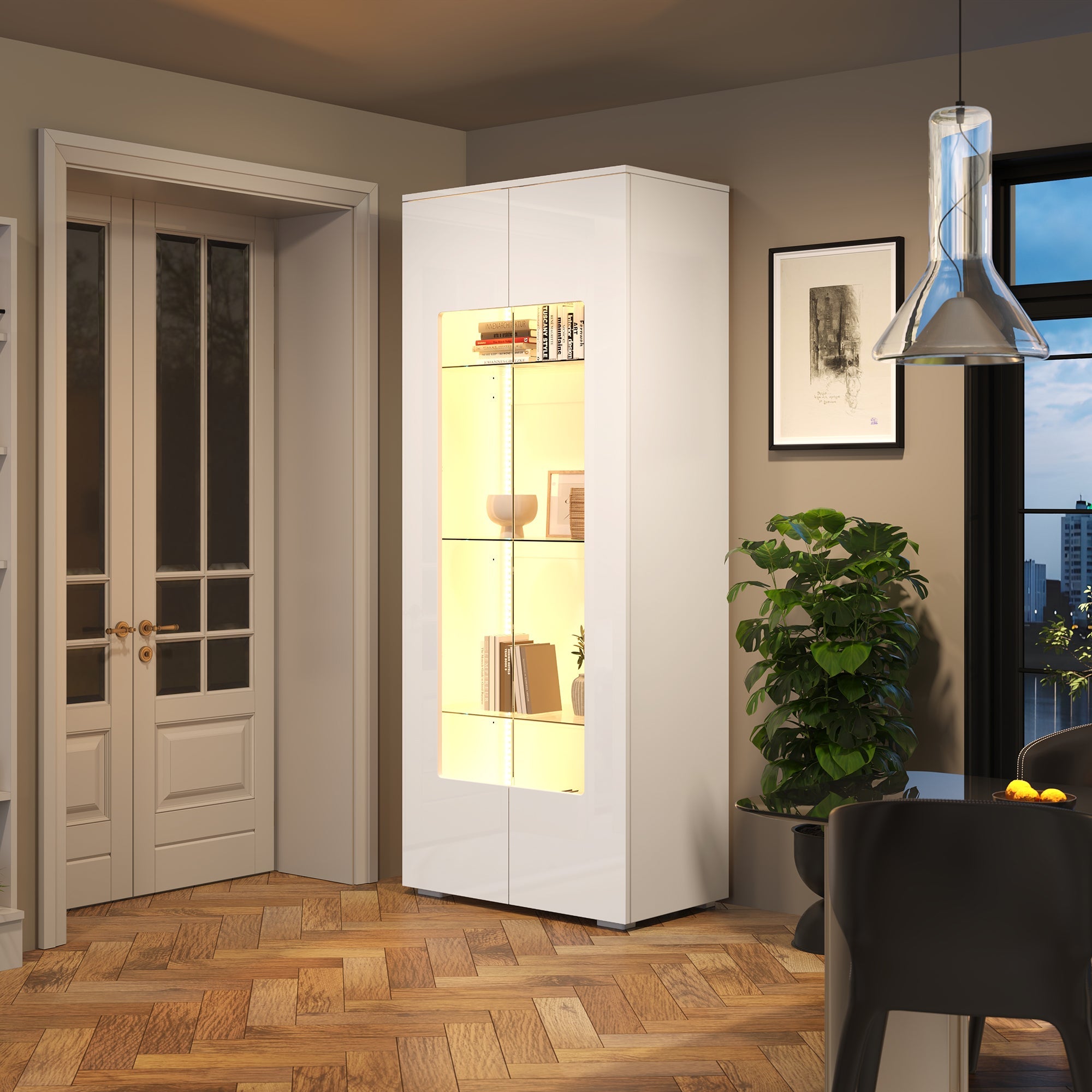 Living Room Display Cabinet, 2 Acrylic Doors, LED Light Strip, Tempered Glass, White MDF