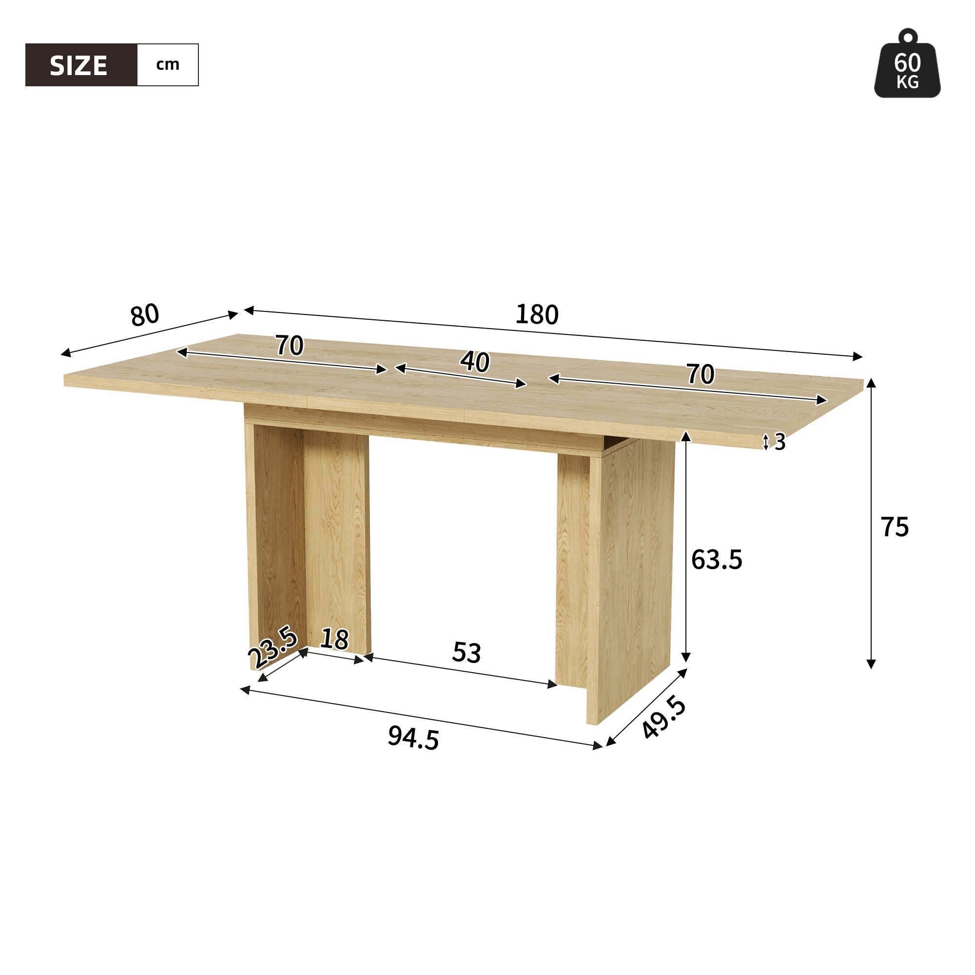 Extendable Dining Table 140/180x80cm Rectangular 6-8 Seater - Oak Color