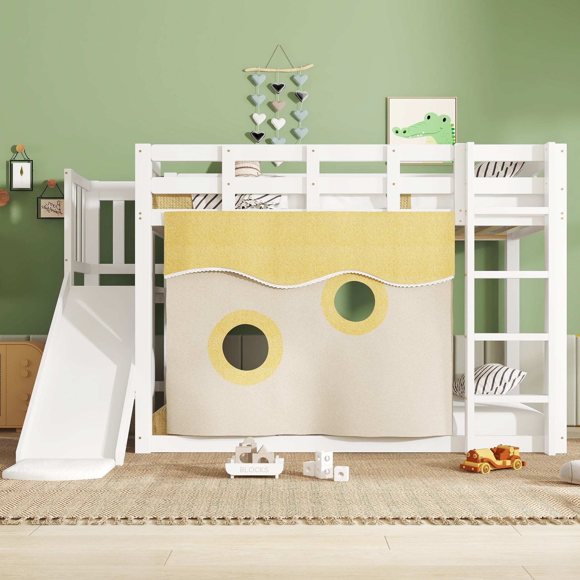 Bunk Bed 90x200cm with Stairs Slide and Curtain - White MDF/Pine