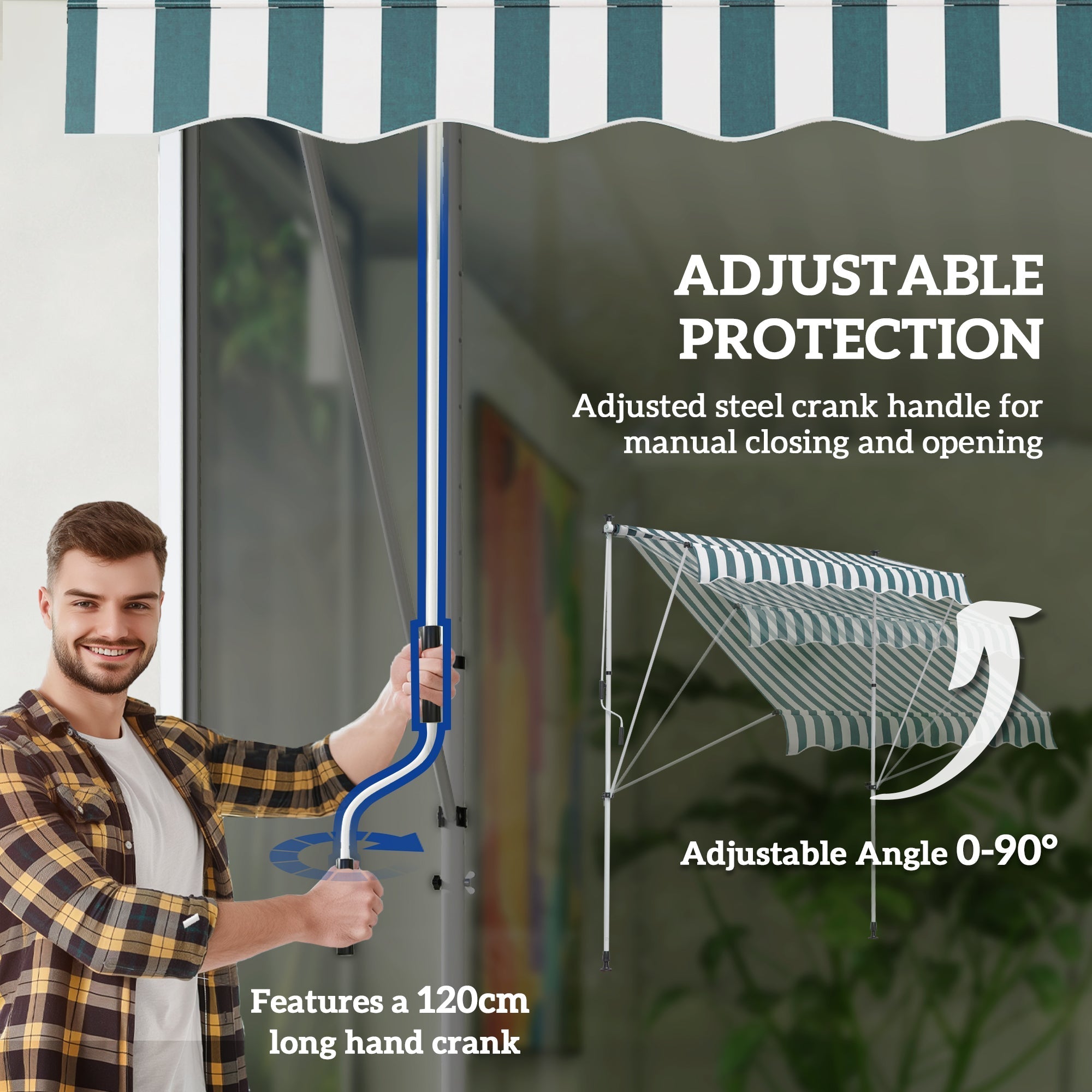 Awning, Articulated Arm Clamp Adjustable Sun Protection Folding Hand Crank, Aluminum Green and White