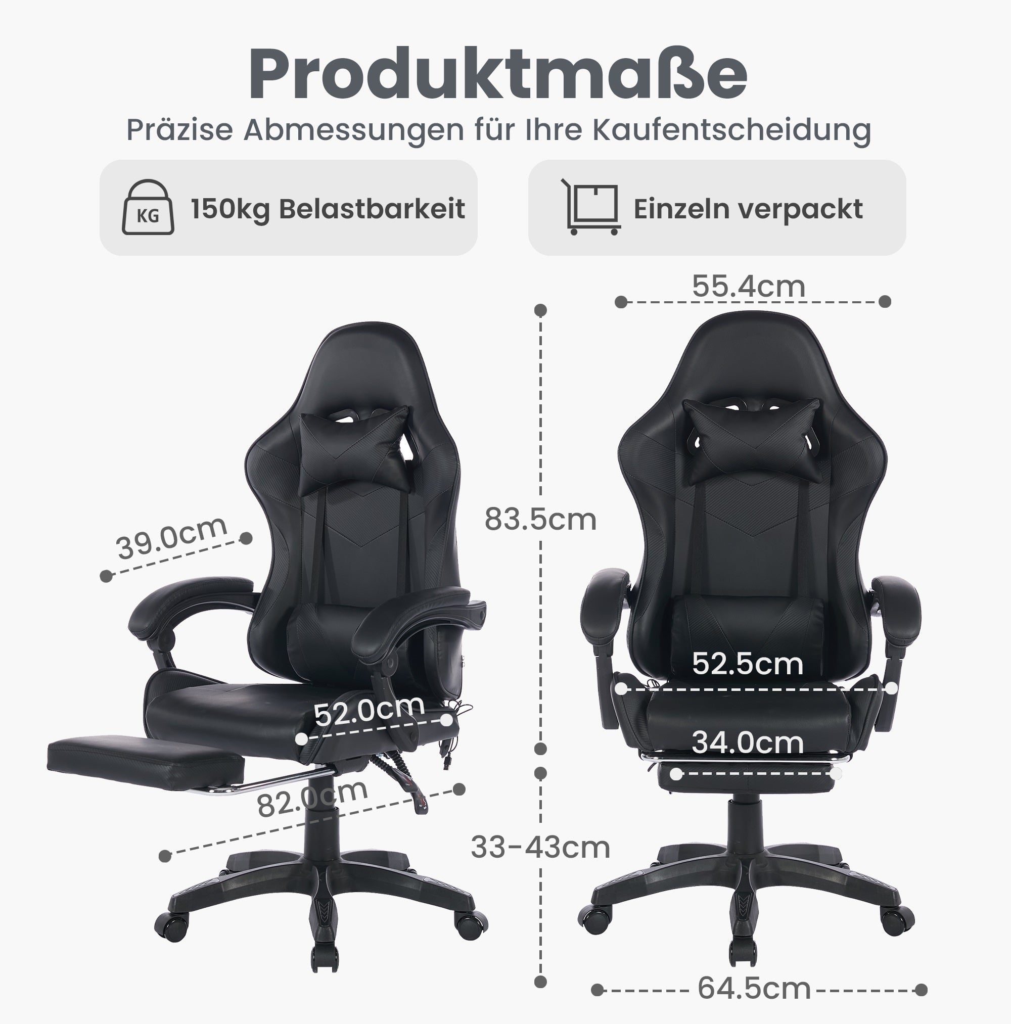 Gaming Chair Ergonomic Racing High-Back Swivel Adjustable Footrest Headrest Lumbar Support Leather Black