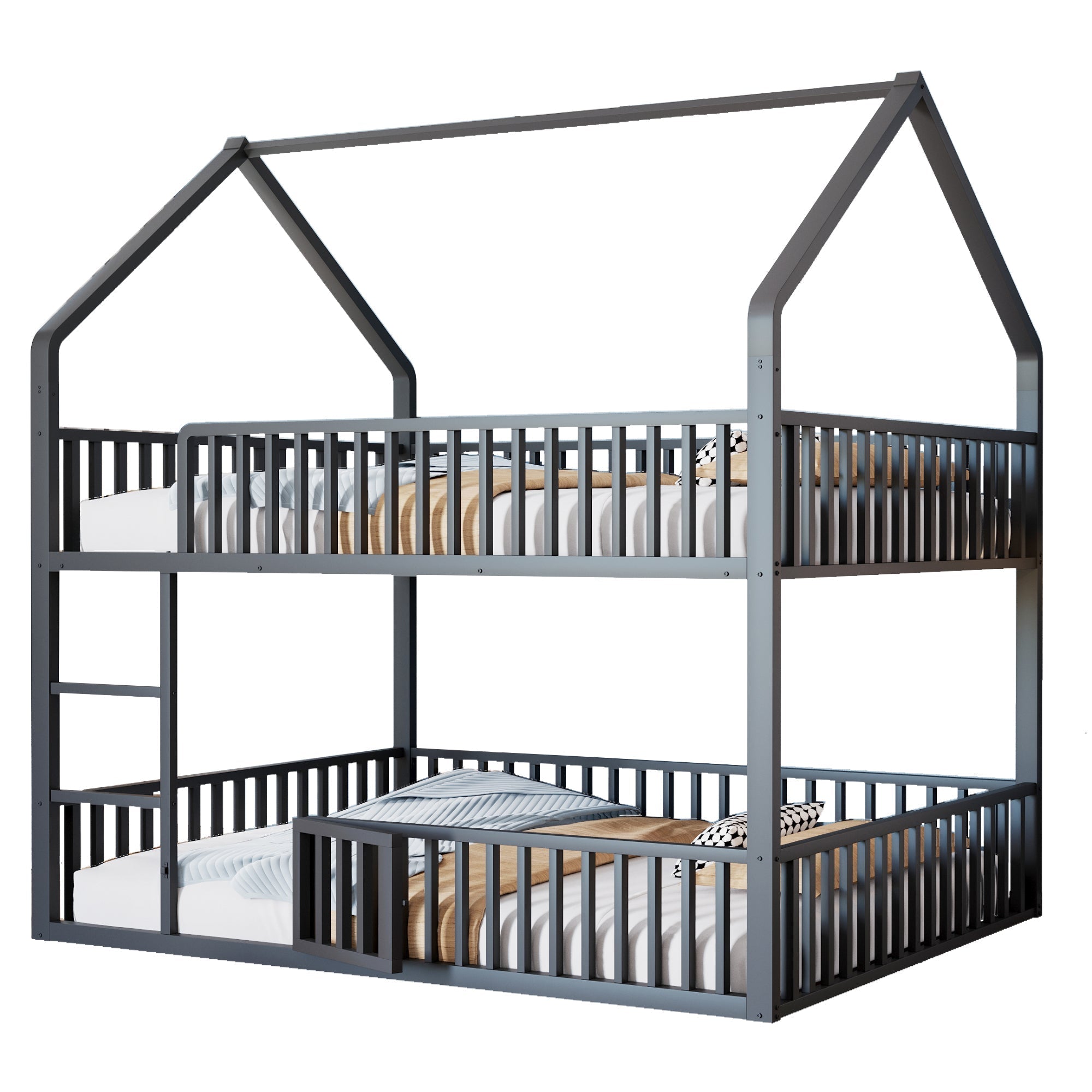 Bunk Bed, Loft Design with Stairs & Door, Black Metal