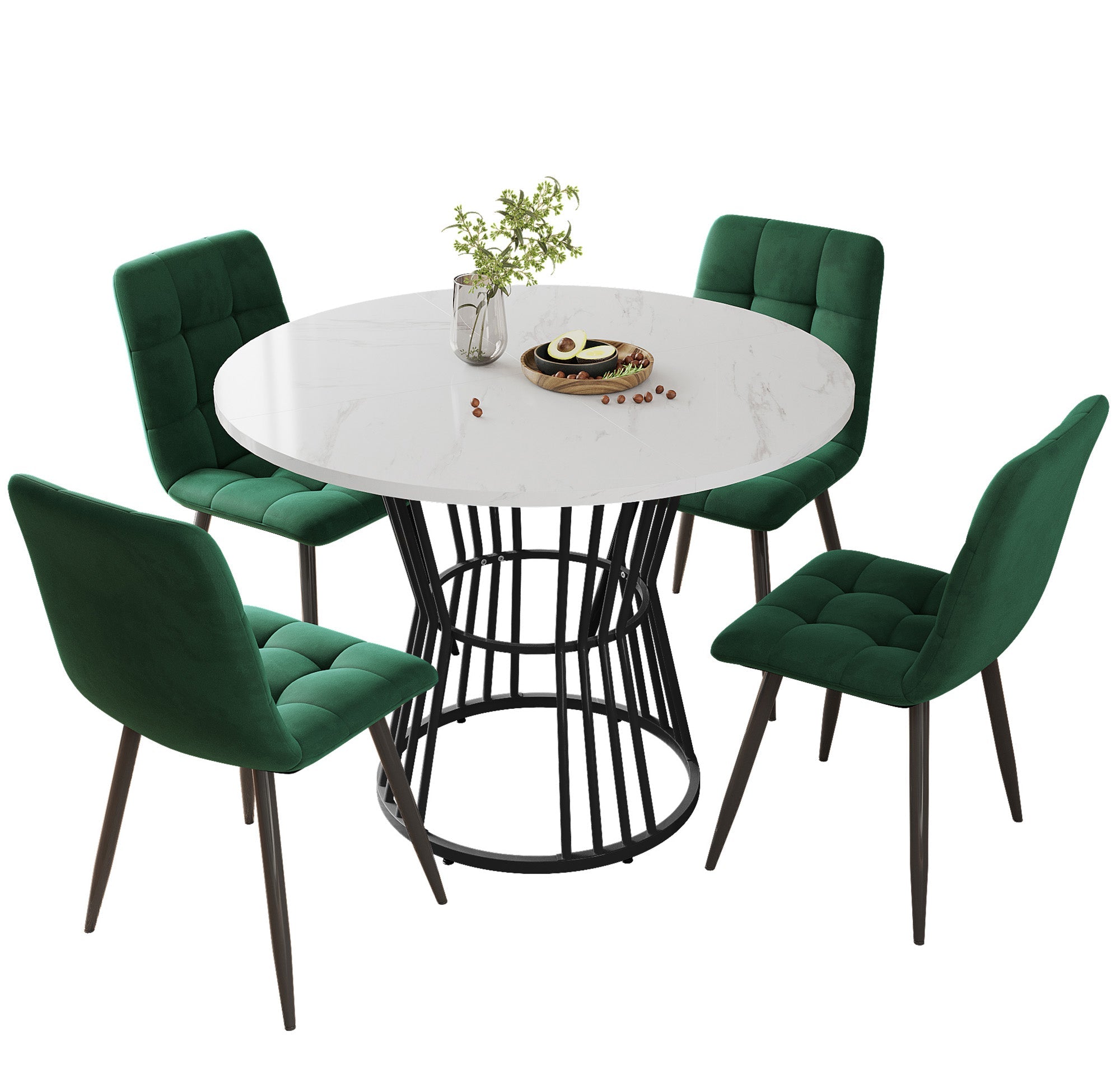 Dining Table Set 5-Piece Round 100cm Black Metal White MDF Green Velvet