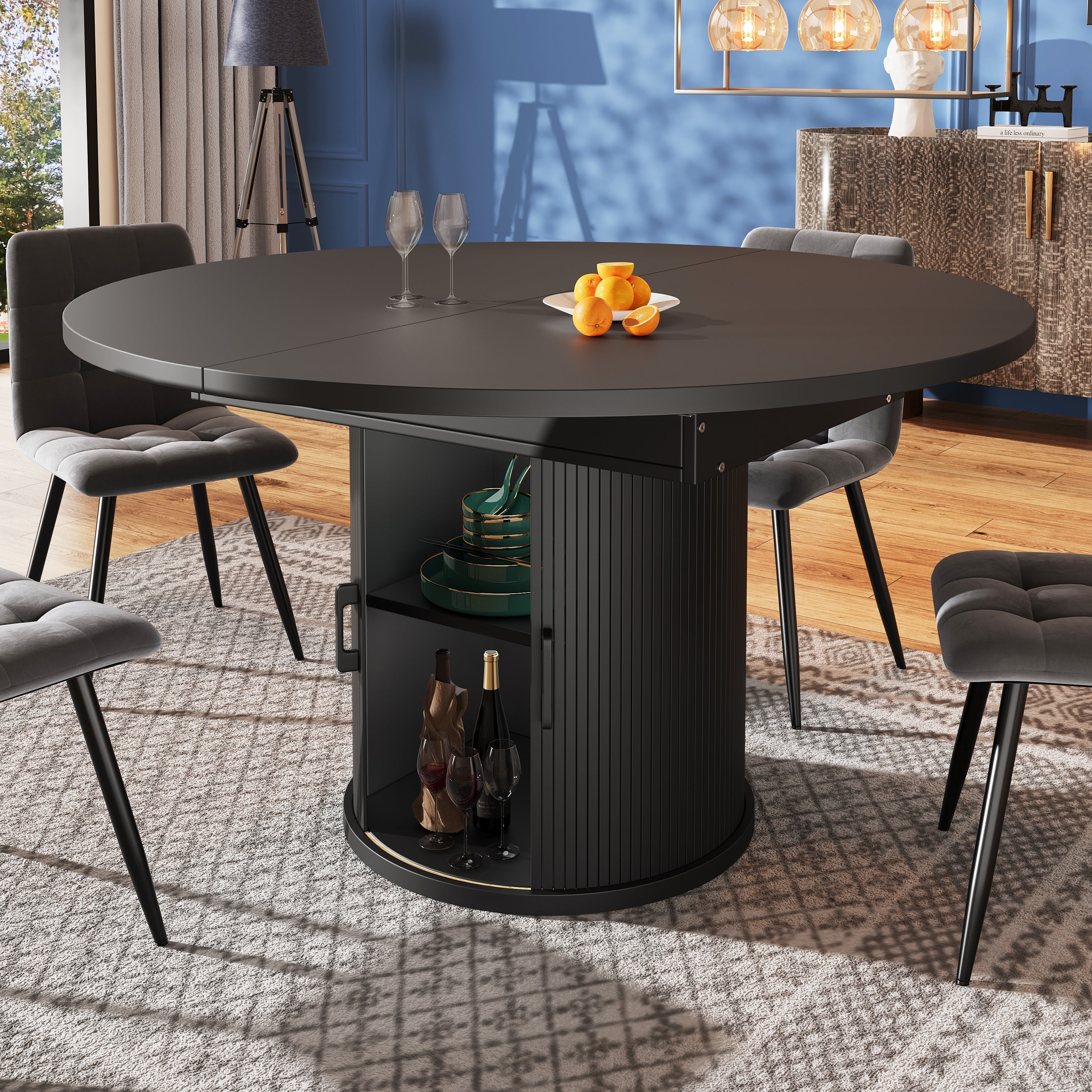 Extendable Dining Table Round to Oval, 118–158 cm, 6 Seater, Walnut/Black