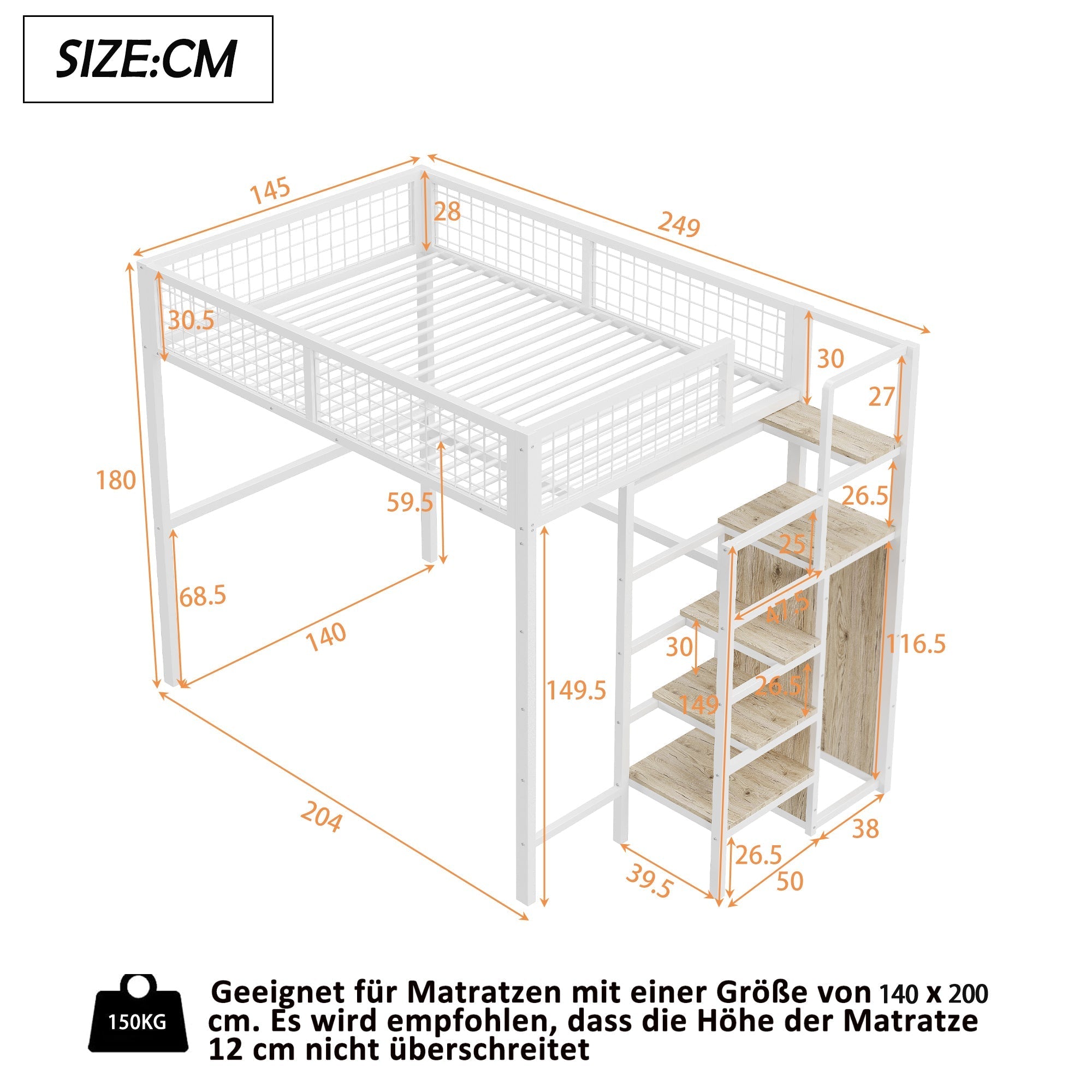 Loft Bed with Integrated Wardrobe and Safety Ladder, Black and White MDF and Metal