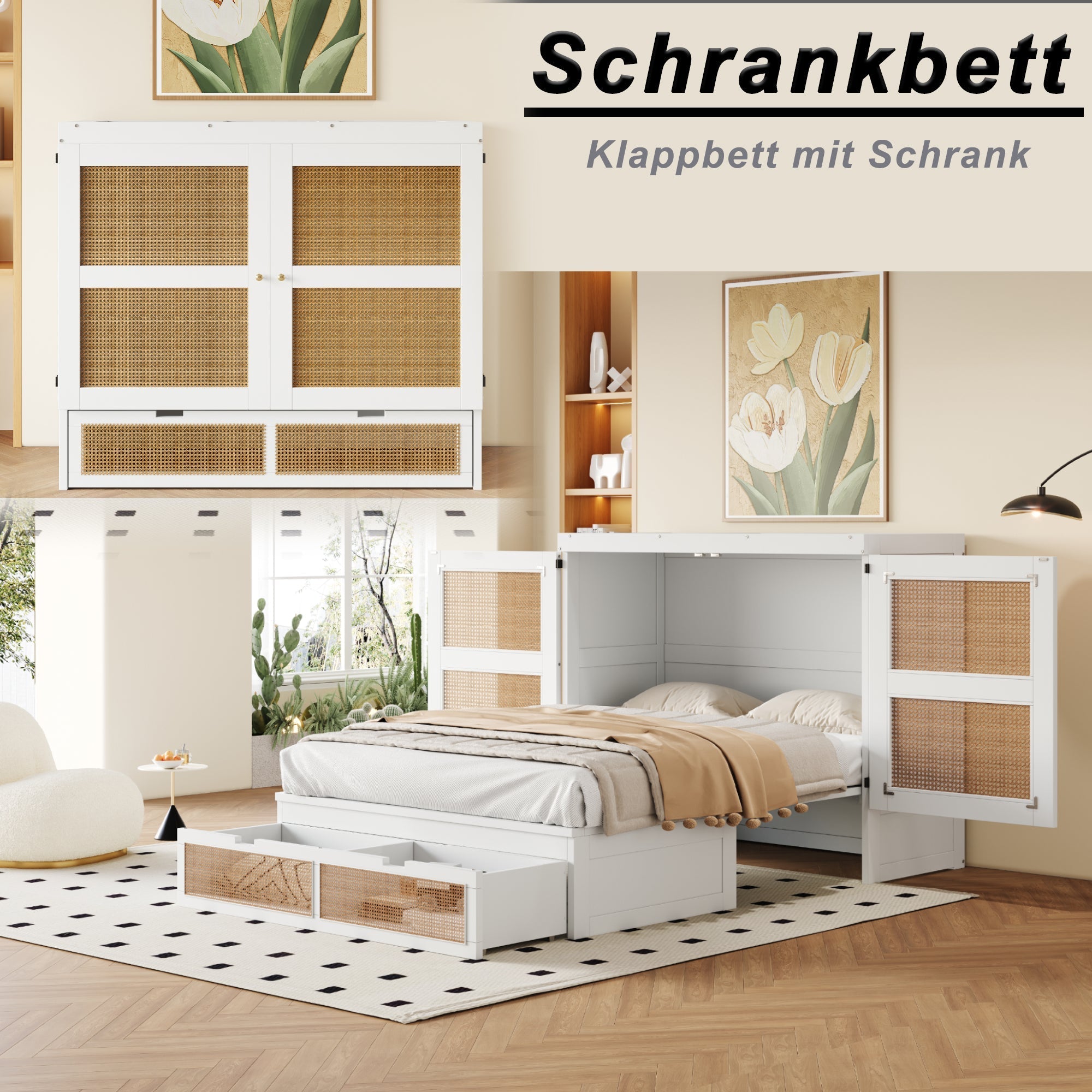 Murphy Bed with Rattan Cabinet Doors and Integrated Storage, White