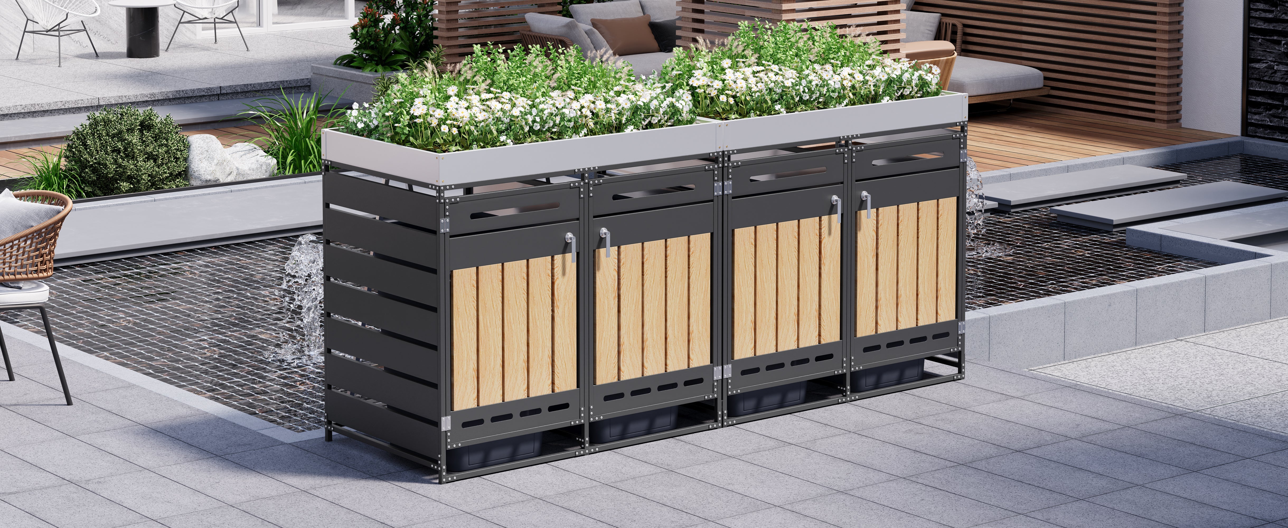 Set of 4 Bin Storage Units with Planter Boxes and Locking Garden Cabinet, Iron with Vertical Wood Grain Panels