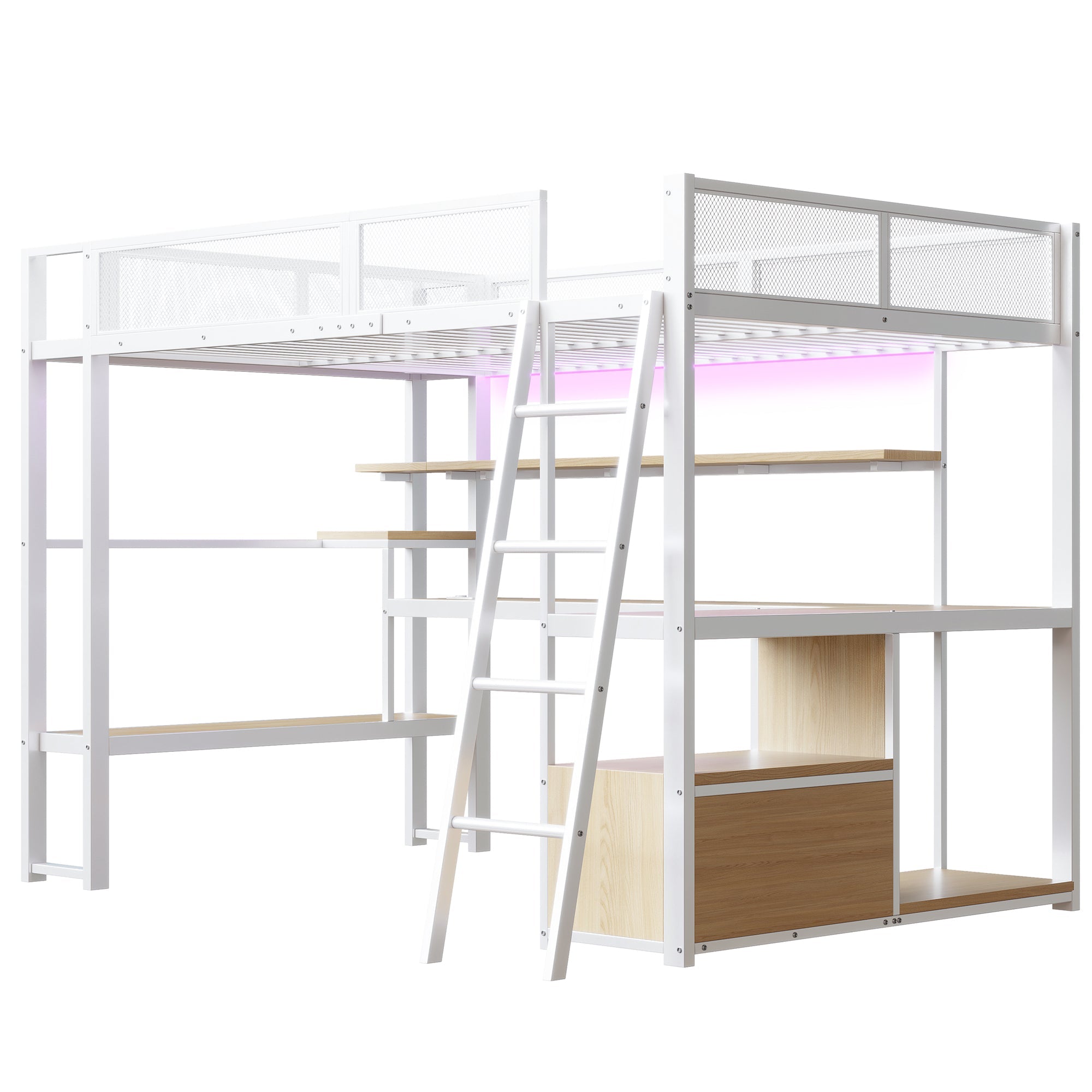Metal Gaming Loft Bed with Integrated Workspace and LED Lighting, White