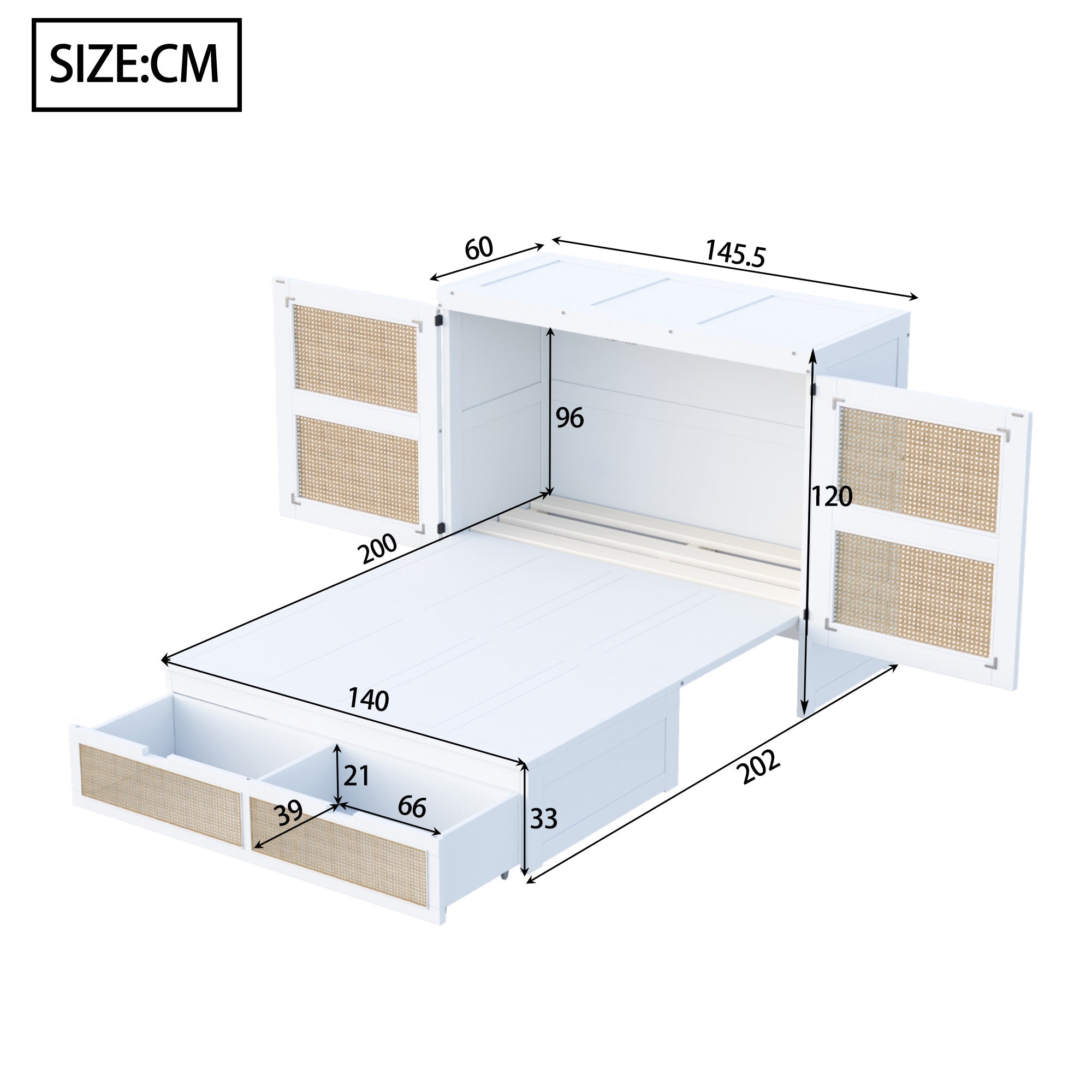 Murphy Bed with Rattan Cabinet Doors and Integrated Storage, White