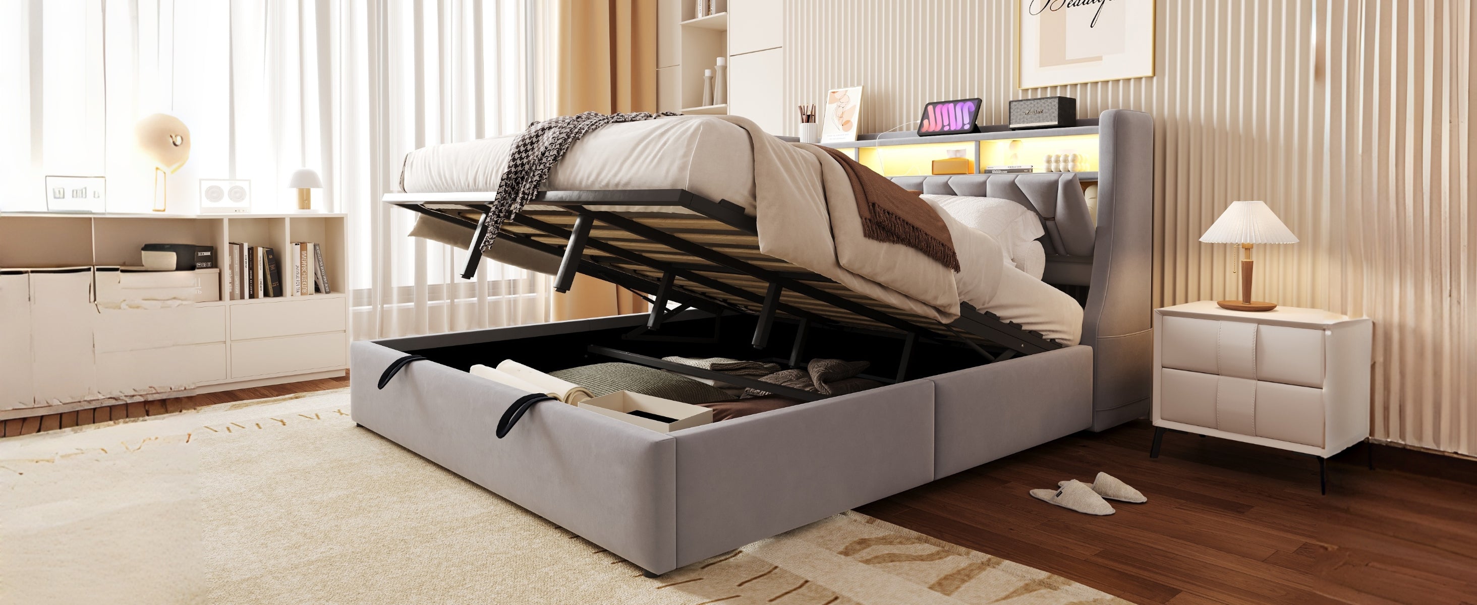 Upholstered Bed 180x200cm Hydraulic Storage Headboard with Power Outlet LED Light Grey Velvet