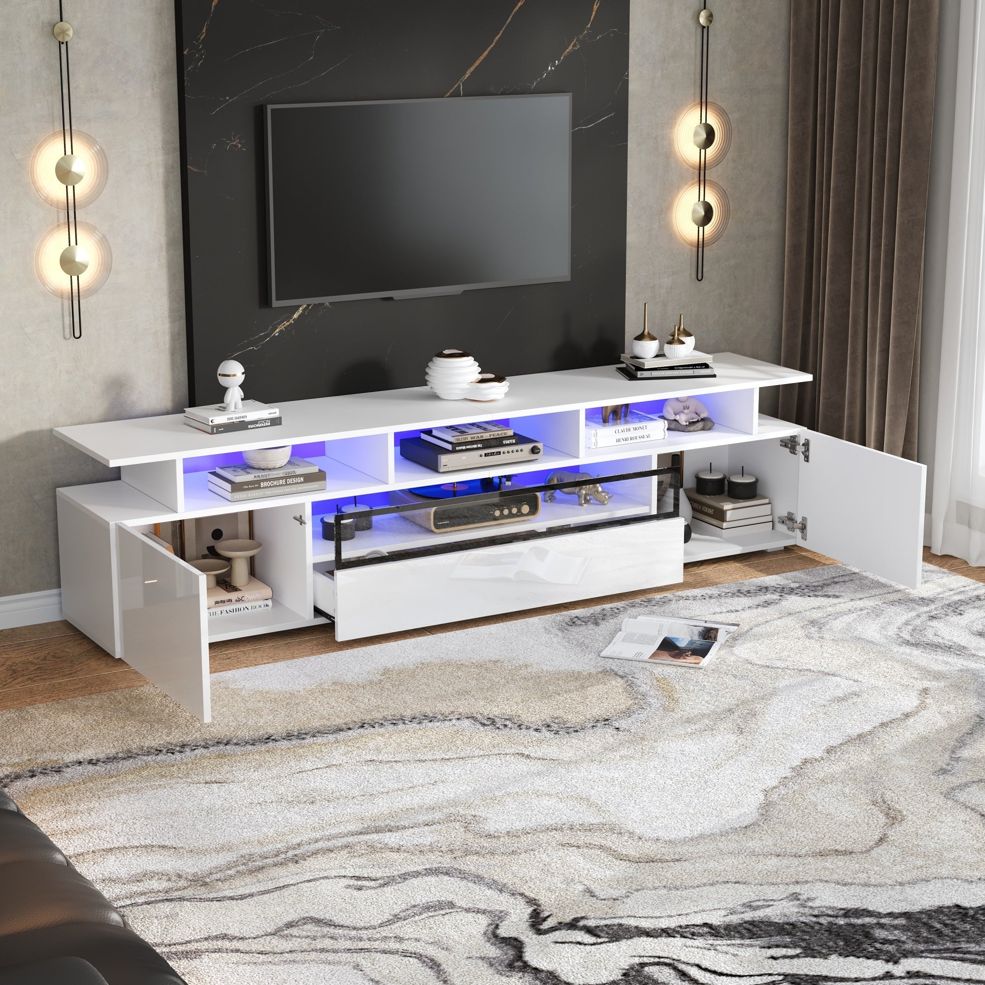 TV Cabinet, 180x38x45cm High-Gloss with 2 Cabinets, 1 Drawer, LED, for 75-inch TVs