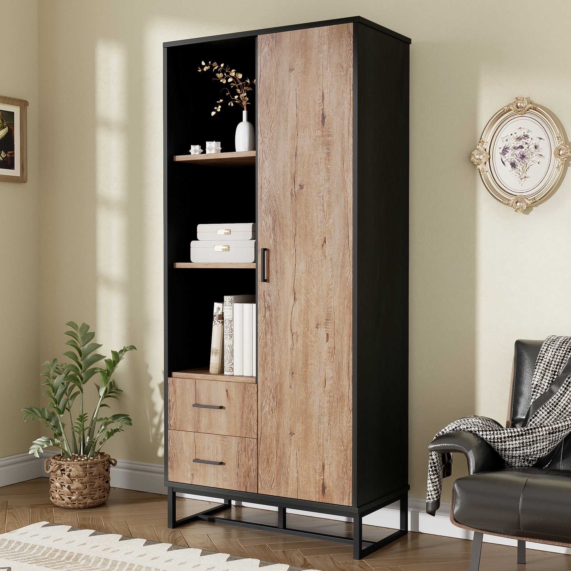 Highboard Cabinet with Door, 2 Drawers & 3 Open Compartments, Wood Look & Black Frame
