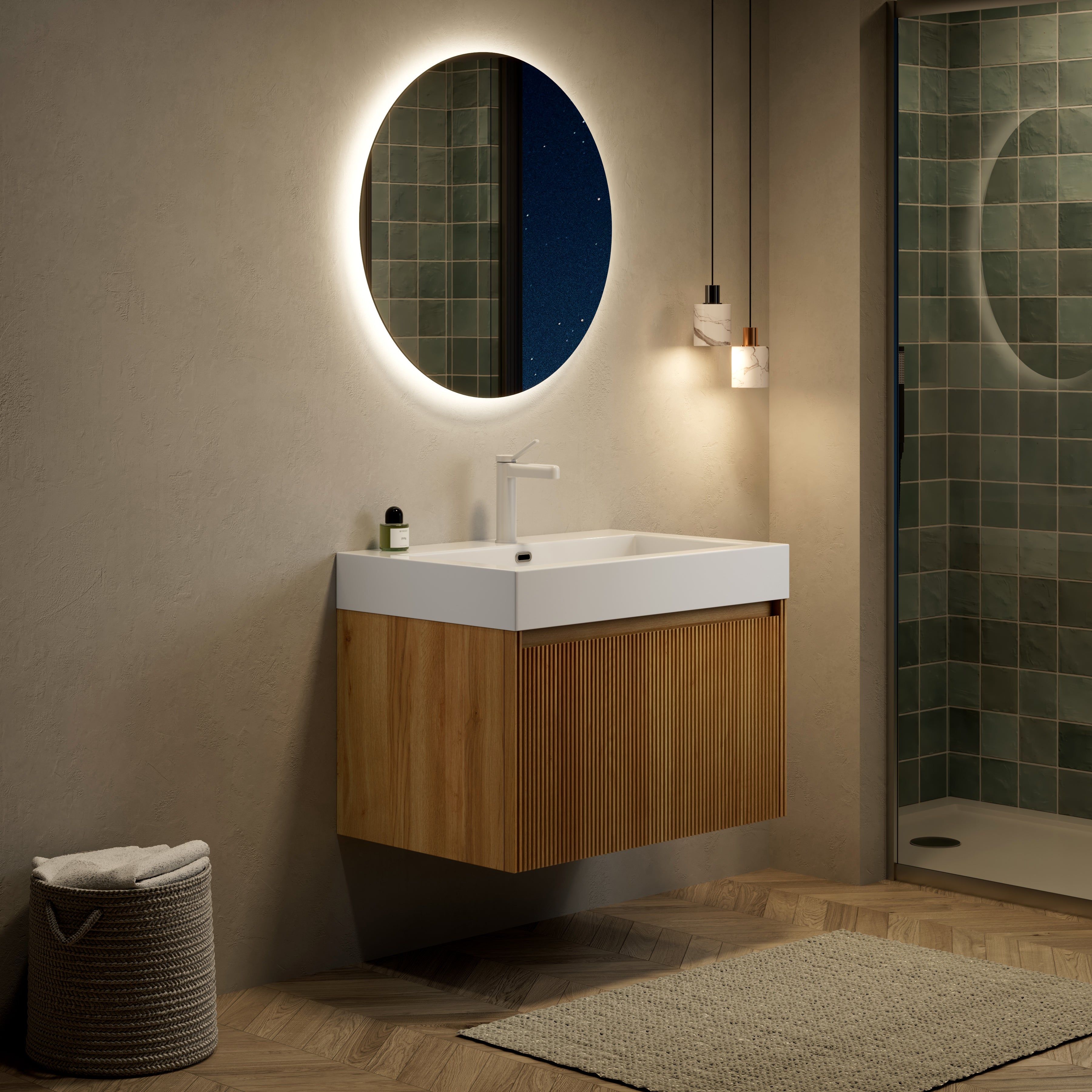 Wall-Mounted Bathroom Vanity Unit with Integrated Basin and Single Drawer, Natural Wood Grain Plywood