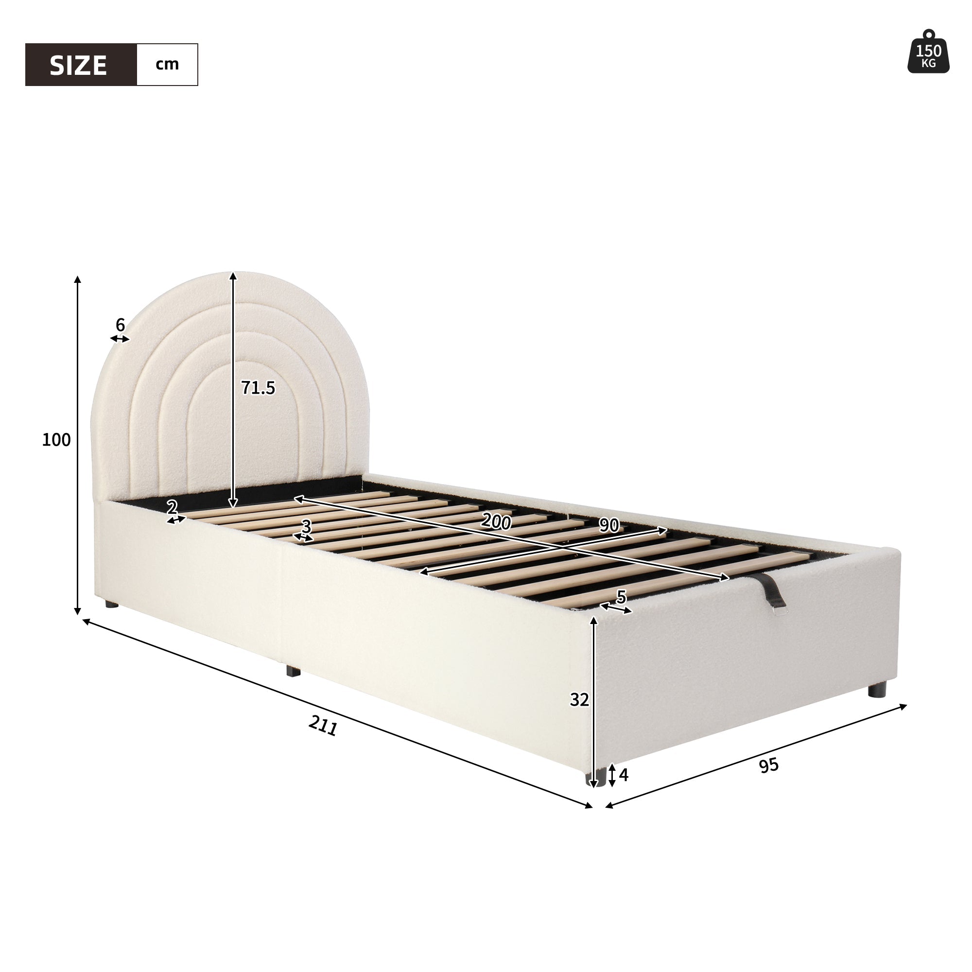 Upholstered Single Bed 90x200 with Slatted Base and Headboard, Beige Bouclé