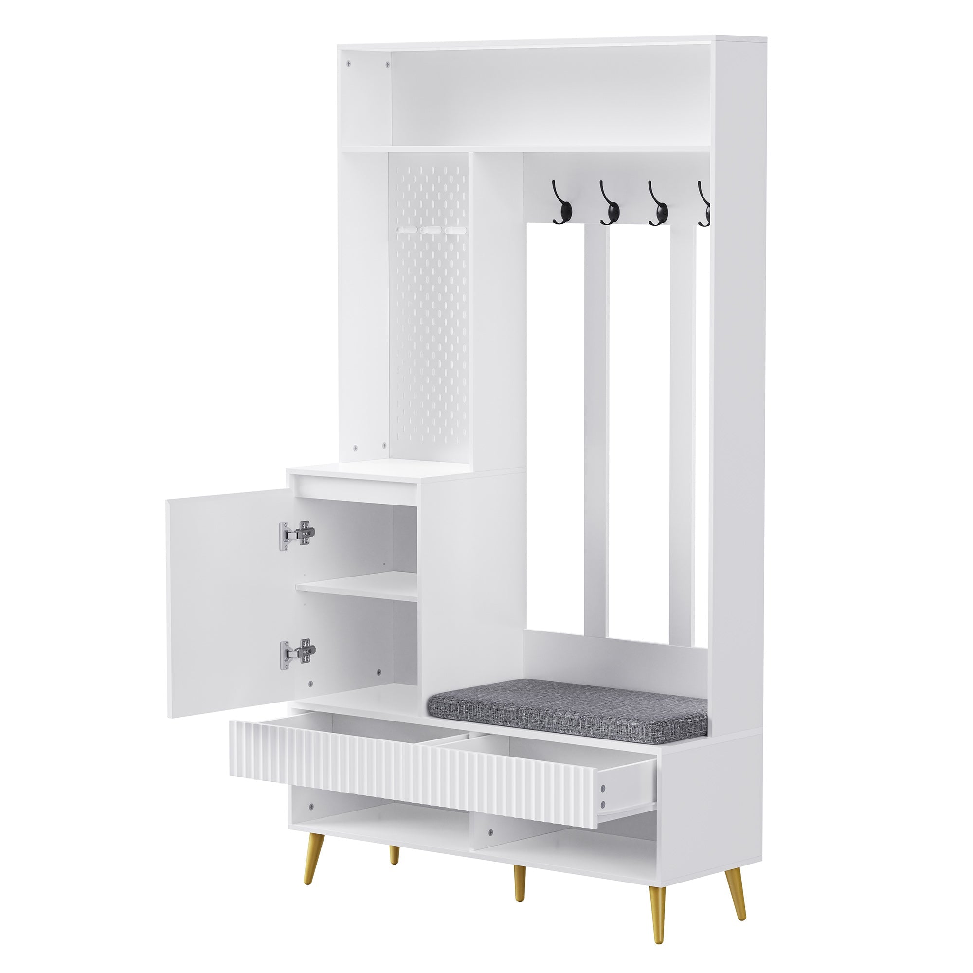 Wardrobe set, hallway with shoe bench, 4 coat hooks, two drawers and 1 door, white