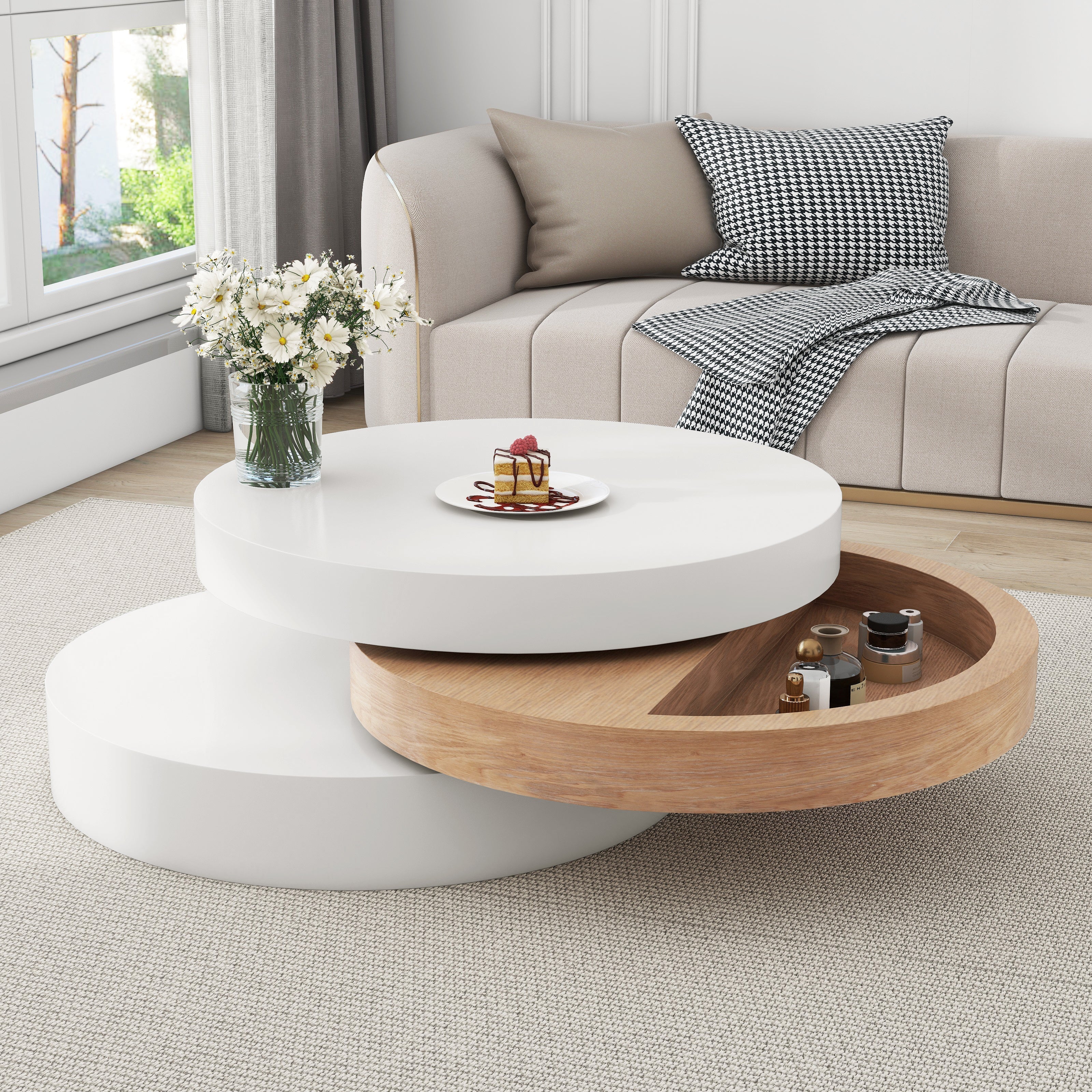 Cylindrical Coffee Table, 360° Rotate, 3-Tier Storage, 60x60x35.1 cm - Willow Wood