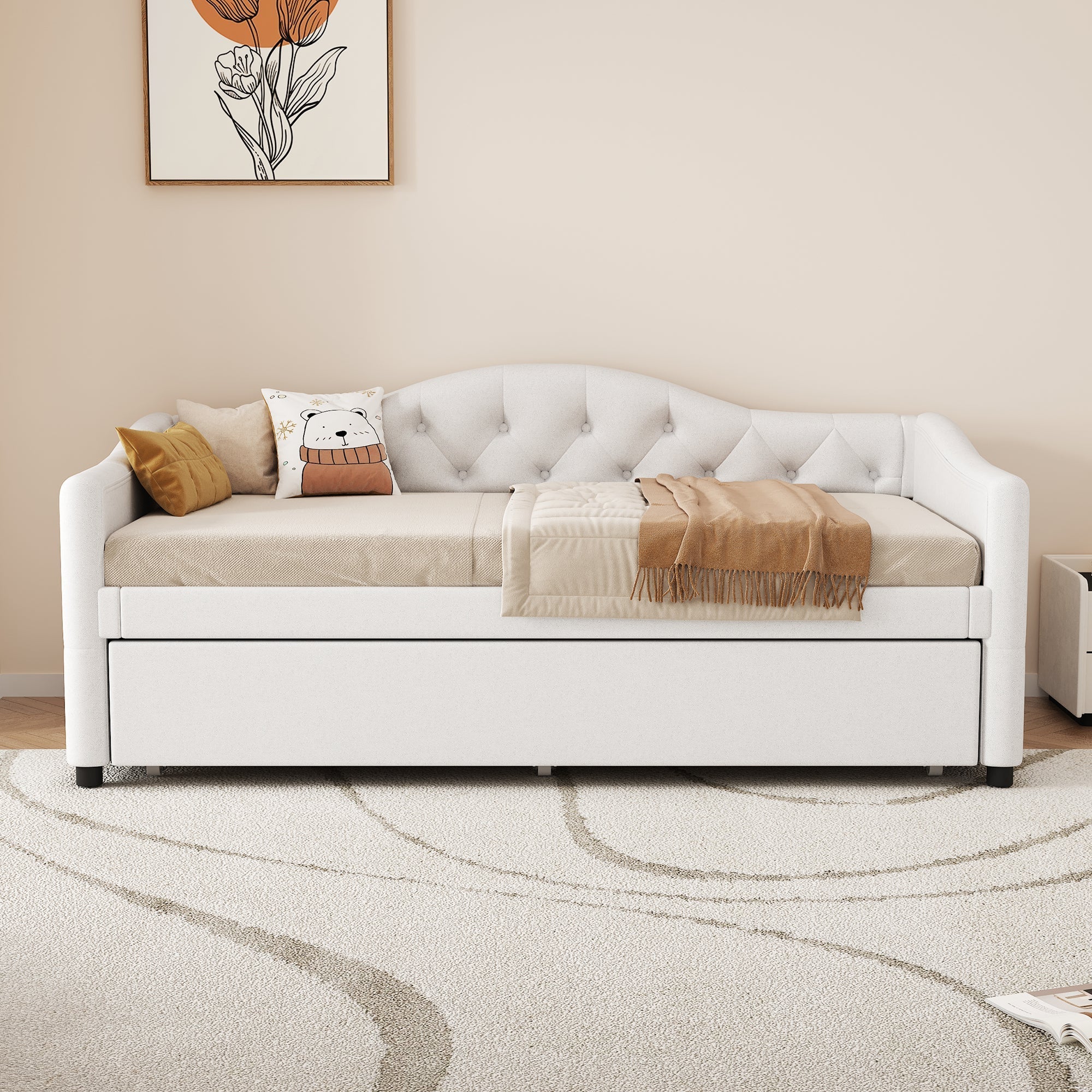 Daybed Sofa Bed 90x200cm Pull-out Bed Minimalist - Linen Beige