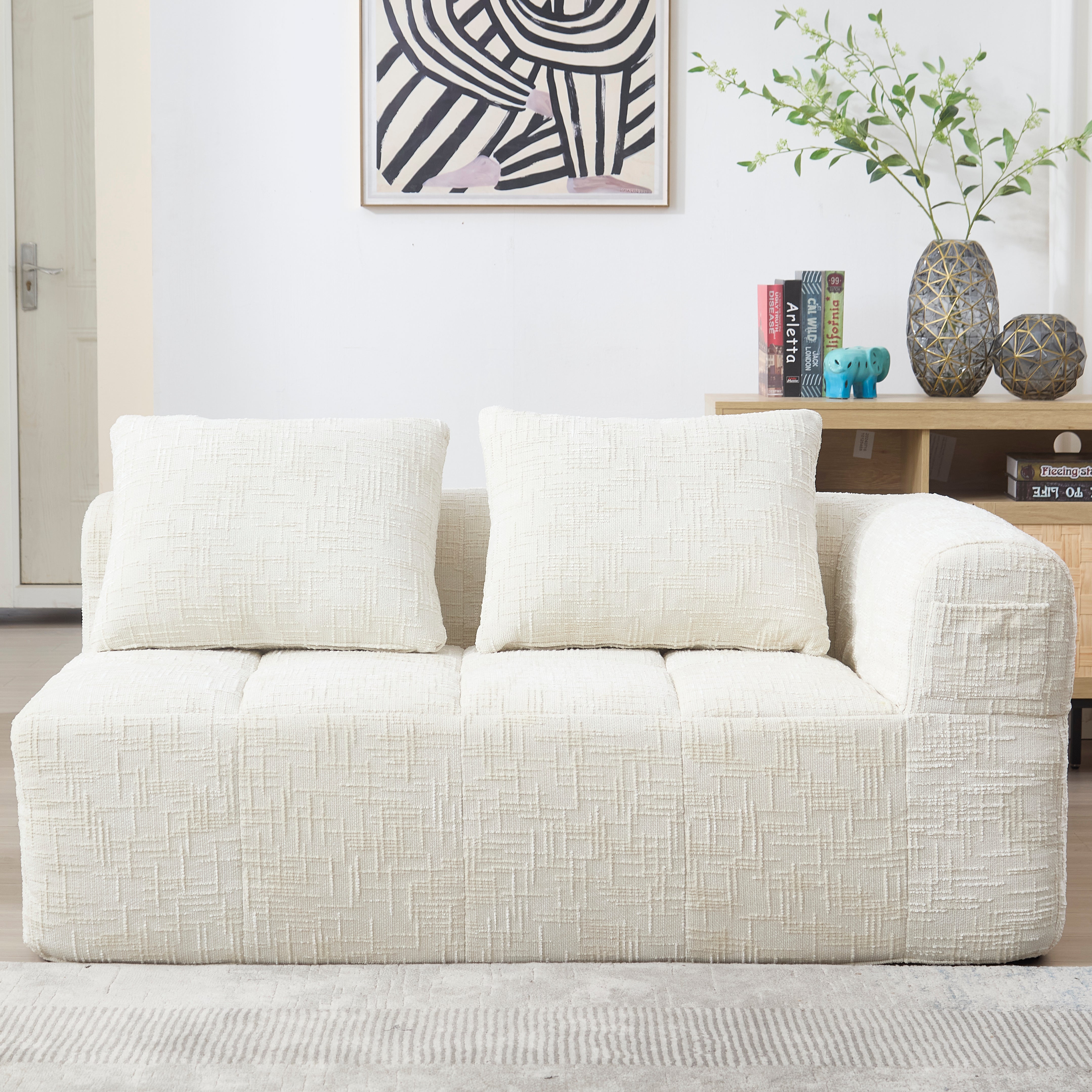 Sofa 2-Seater, Plush Cushion Side Pockets, Beige