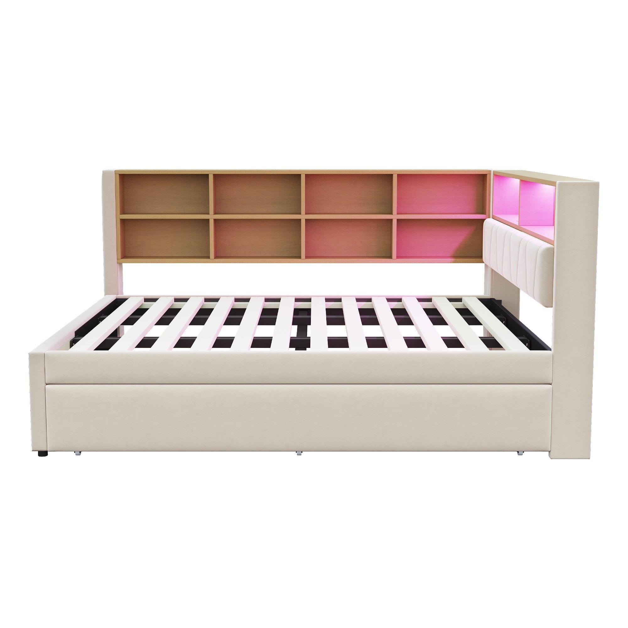 Sofa Bed 140x200, Pull-out 90x190, LED Lights & Storage, Flannel Beige