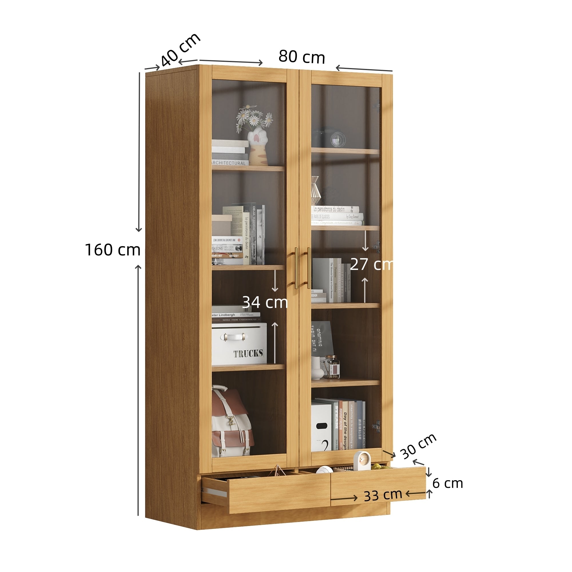 Glass Display Cabinet, Offset Shelves Push-To-Open Drawers, Wood Color