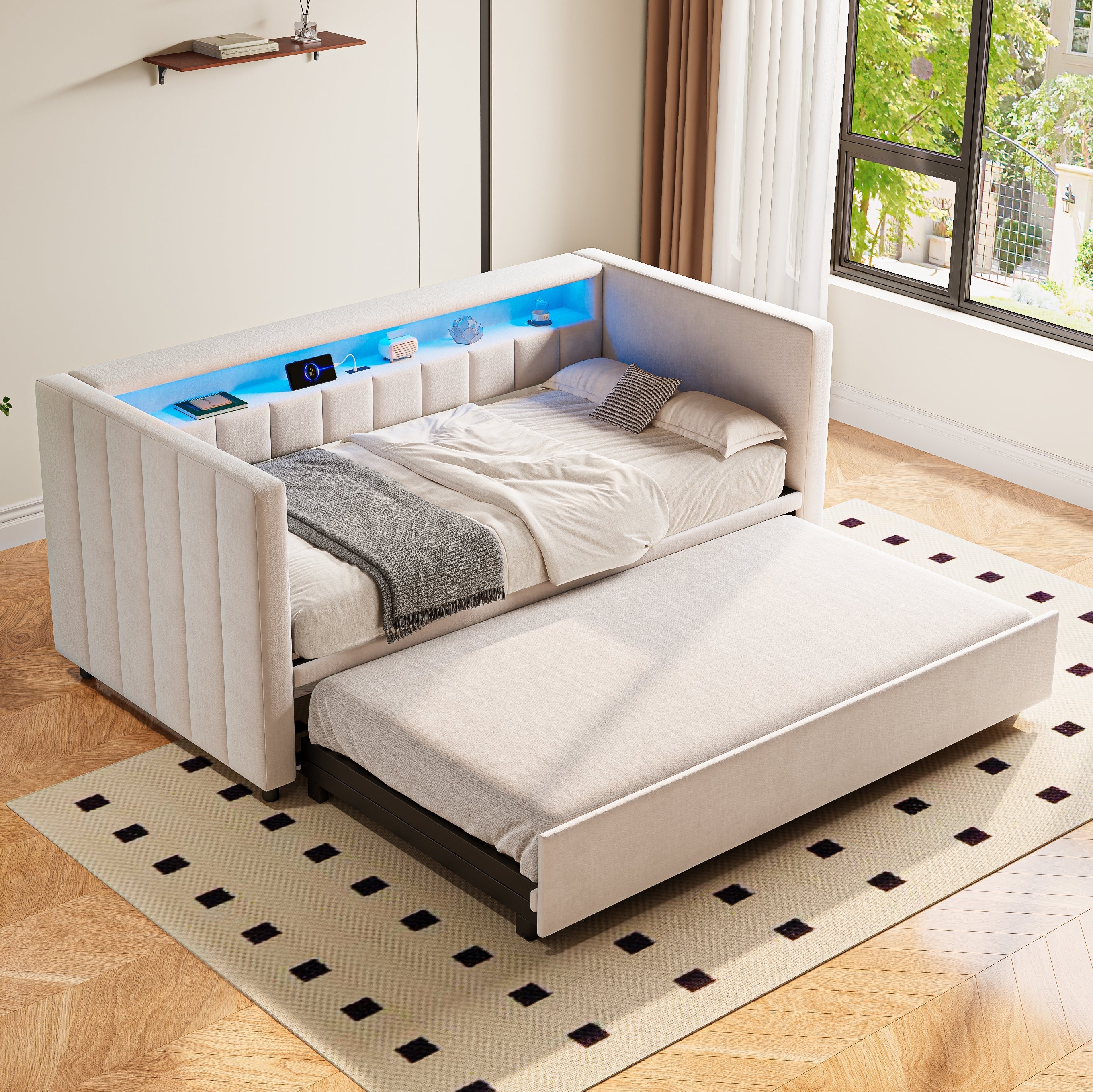 Multifunctional Sleeper Sofa, Pull-Out Bed, USB, LED, & Storage, Velvet Upholstery Beige