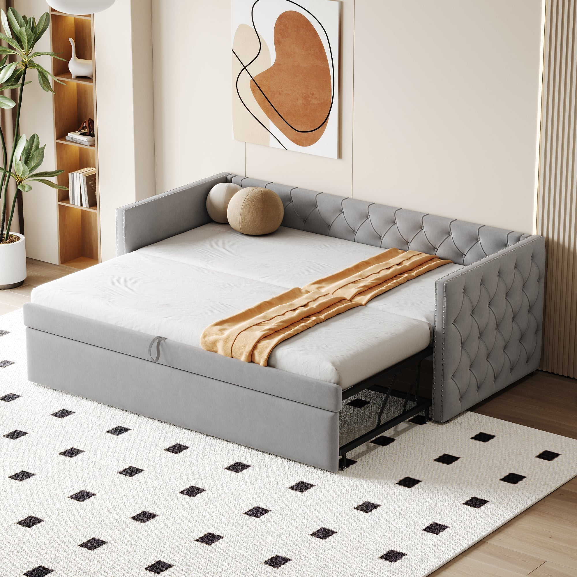 Extendable Sofa Bed with Slatted Base and Guest Bed Function, 90x200cm, Light Grey Velvet