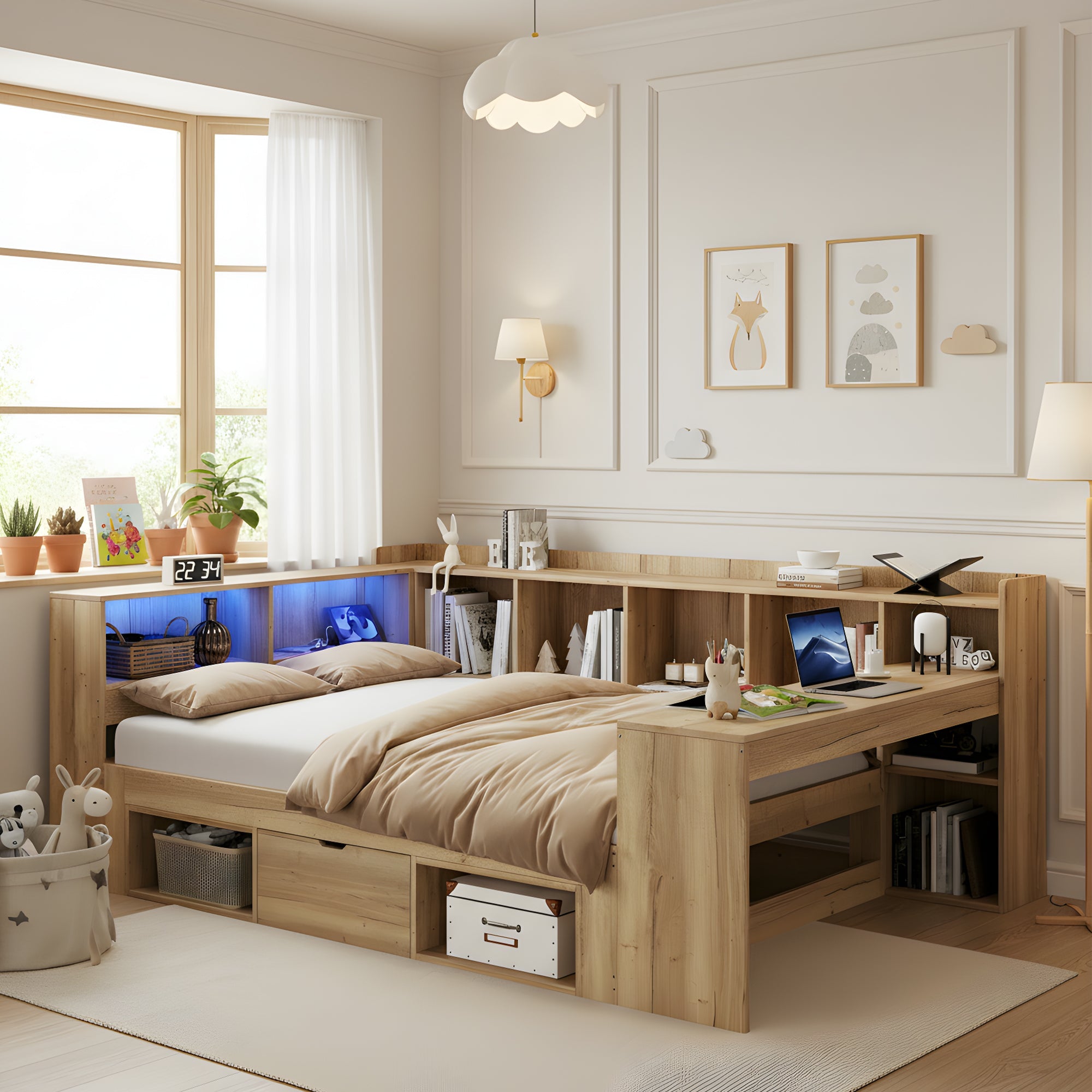 L-shaped Storage Platform Bed with Desk, LED, USB and Drawers, 140x200cm, Natural Wood